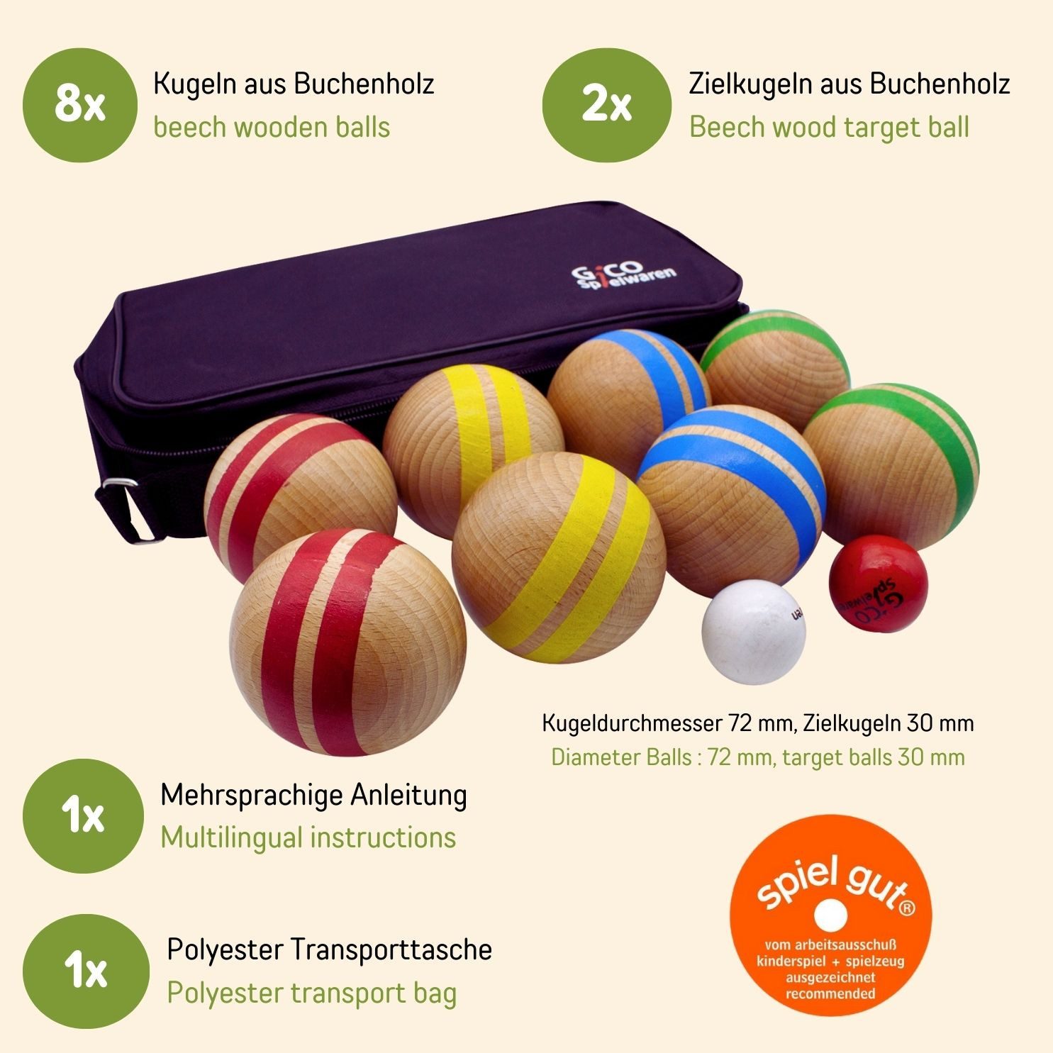 GICO Spielzeug-Gartenset GICO Boccia Spiel aus Massivholz, gestreift 8 Kugeln, D. 7 cm -3021