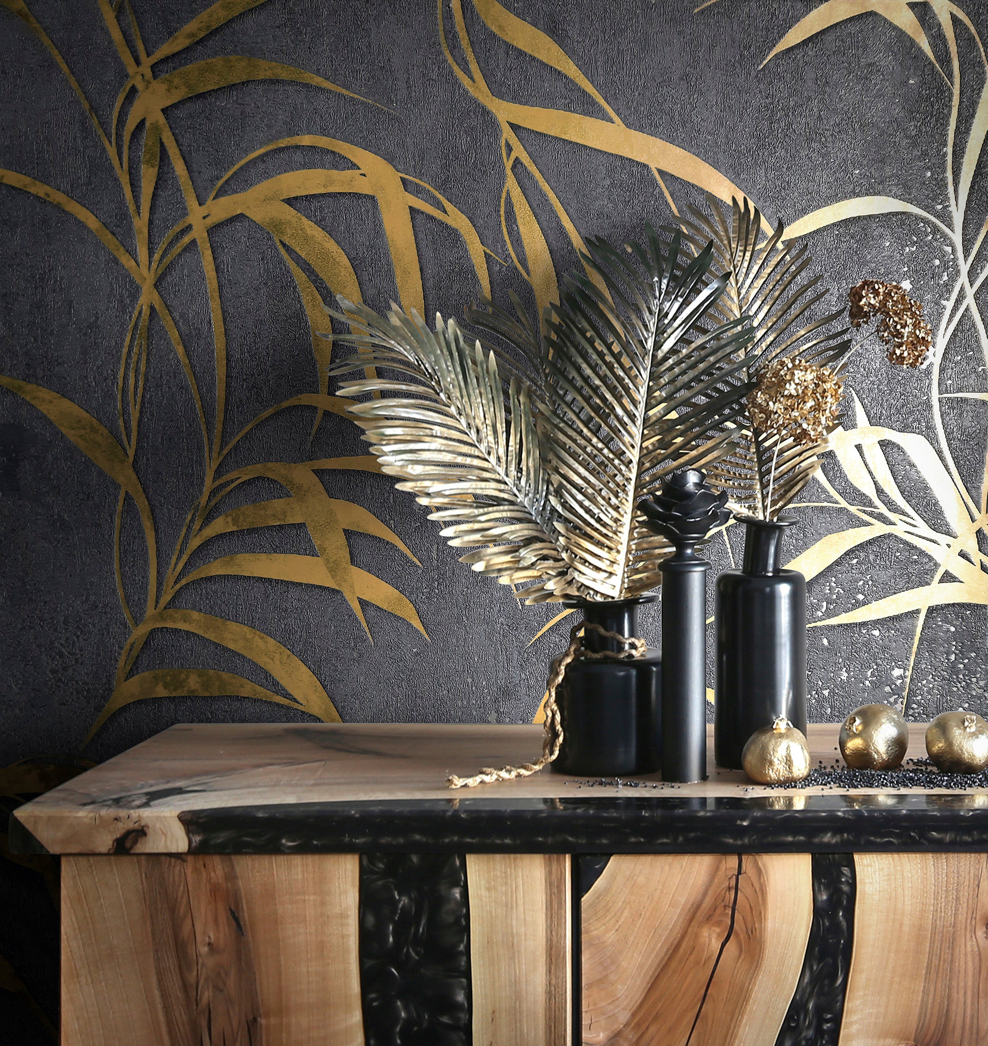 Marburg Vliestapete Fern, strukturiert, glänzend, moderne Vliestapete für Wohnzimmer Schlafzimmer Küche schwarz