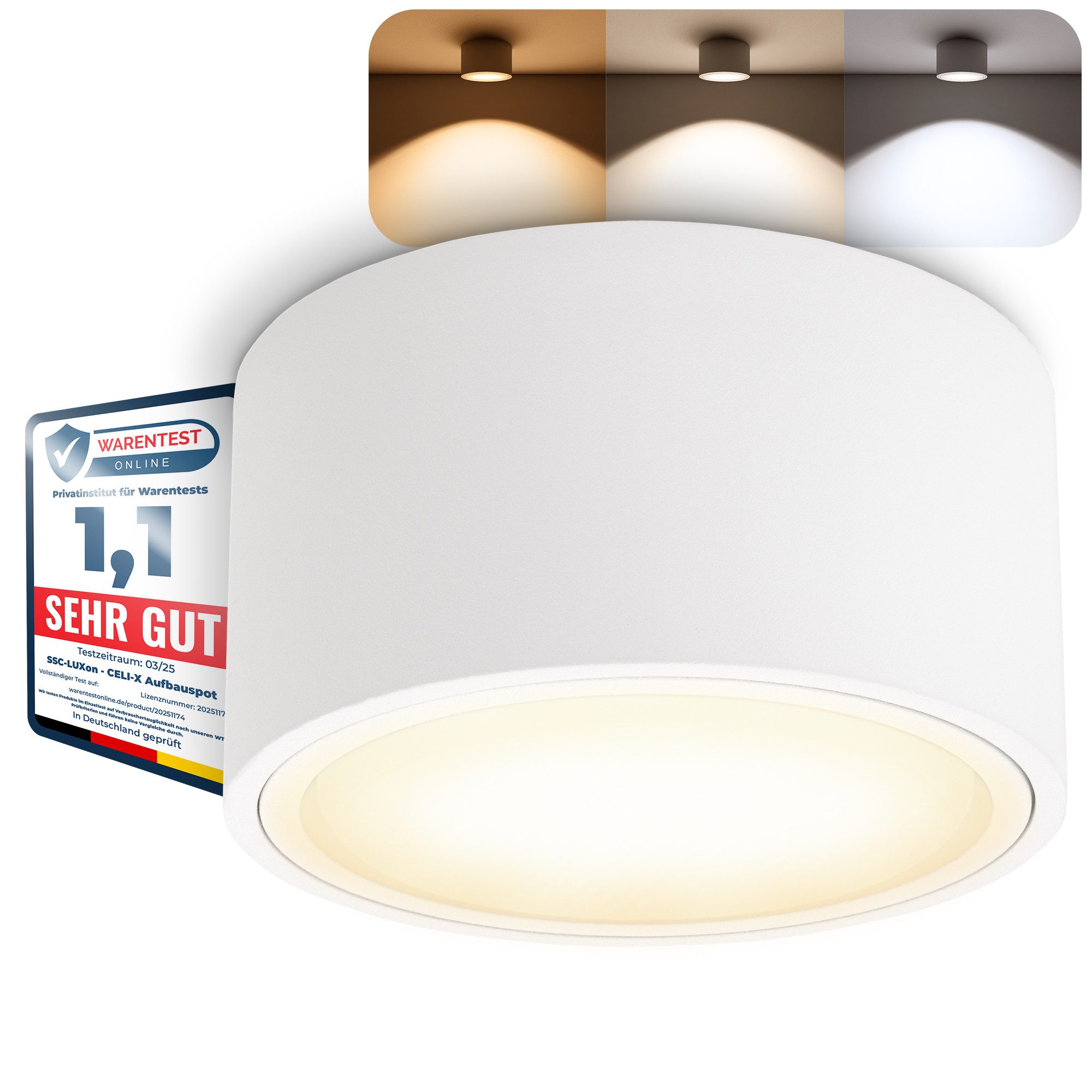 SSC-LUXon LED Aufbaustrahler CELI-X LED Aufbaustrahler weiß 3 Lichtfarben GX53 230V, Tageslichtweiß, Warmweiß, Neutralweiß