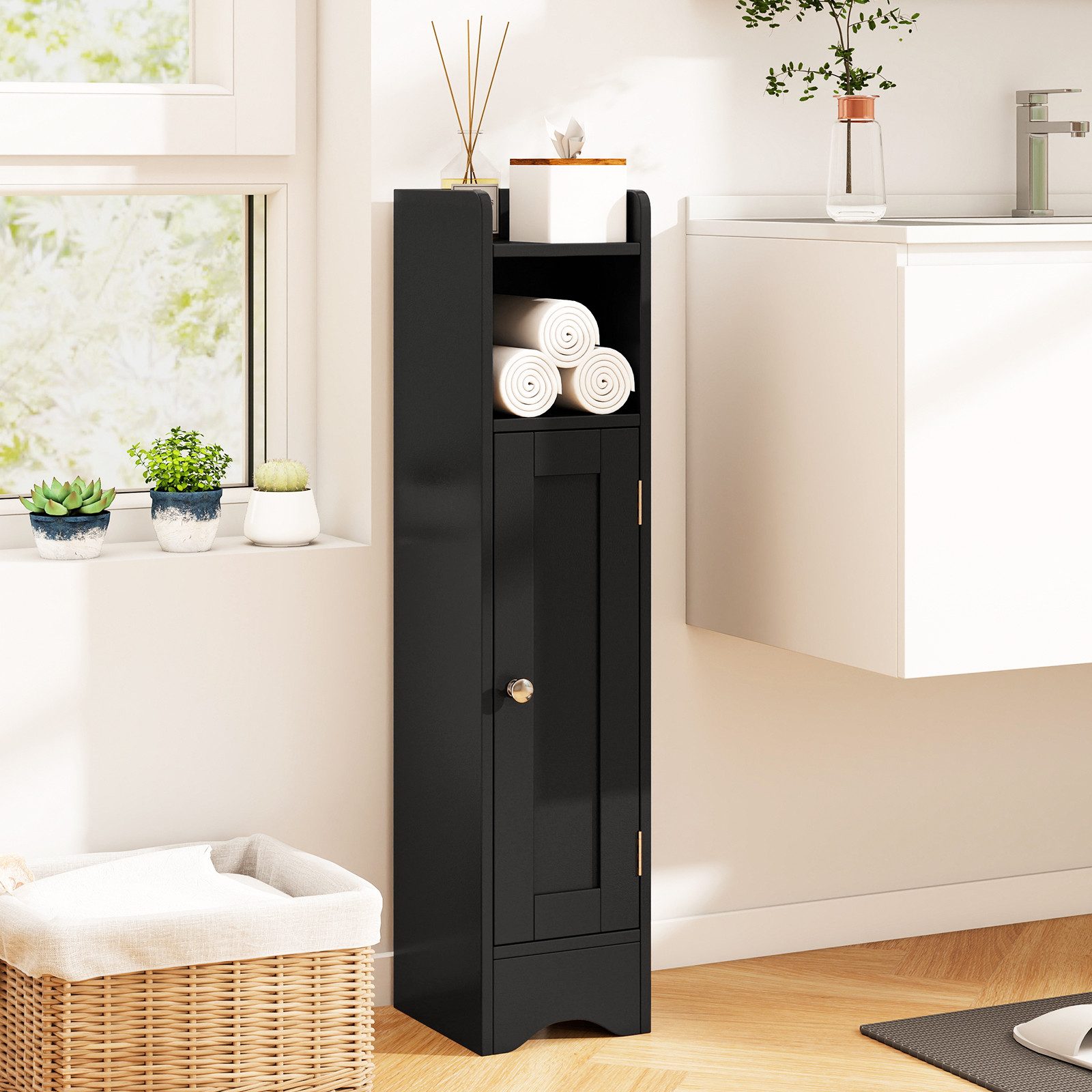 COSTWAY Badkommode, Badezimmerschrank schmal mit verstellbaren Ablagen, weiß