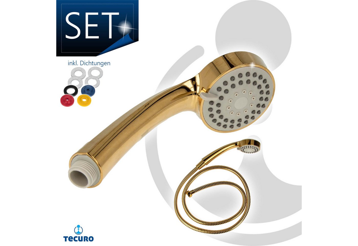 Thumbnail - tecuro Brausegarnitur Antikalk - Handbrause ew-080 gold - mit 3-Funktionen, Metallschlauch