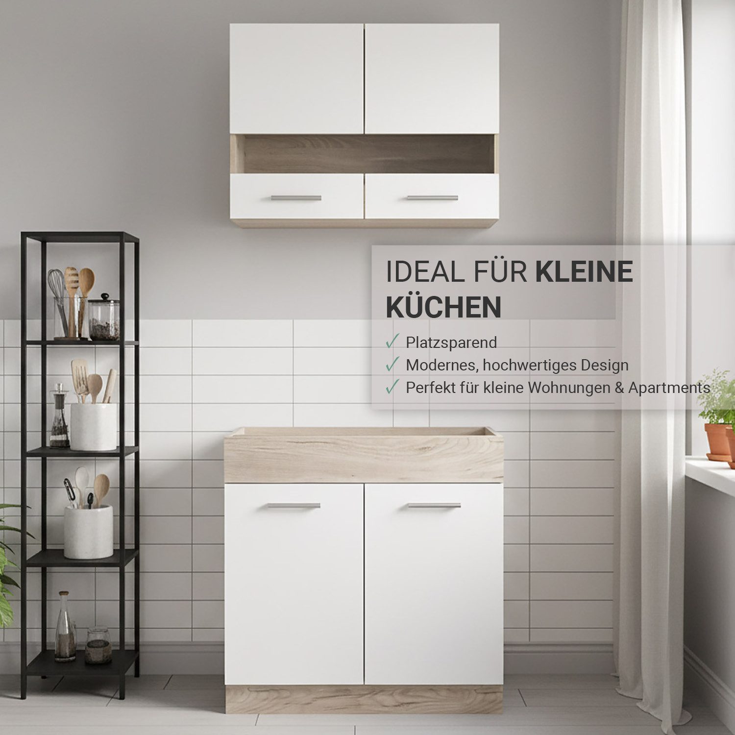 Meuble de cuisine Homestyle4u 80 cm sans électroménager, petite cuisine simple, placards en chêne mat et verre (éléments hauts, éléments bas, cuisine équipée), bloc cuisine, marron et blanc/crème, cuisine équipée