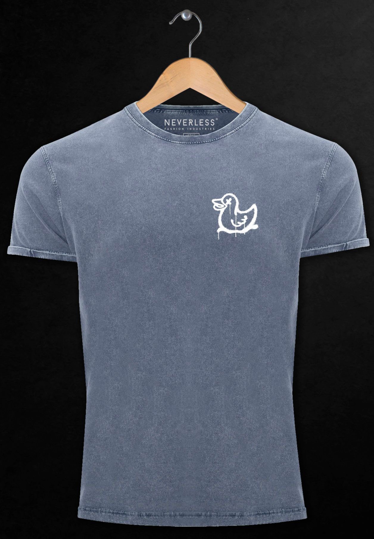 Neverless Ente Herren mit Print Graffiti Vintage T-Shir Style Print-Shirt Duck Printshirt Shirt blau Drippy