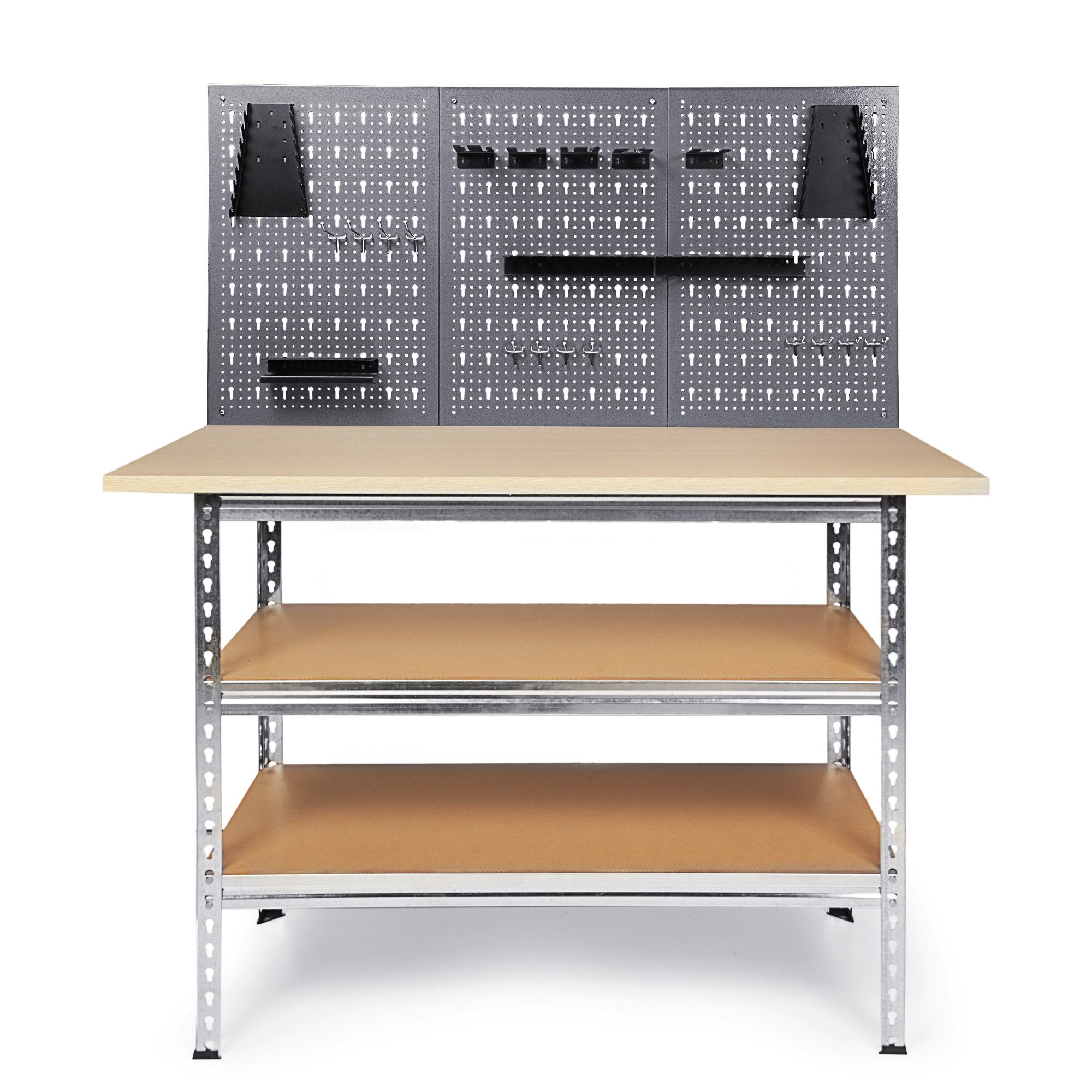 ONDIS24 Werkstatt-Set Werkbank 120x60cm mit 25mm Melaminarbeitsplatte, 2 Ablageflächen, 151cm Höhe, Set mit 3 Lochwänden & 22 Haken für Handwerker