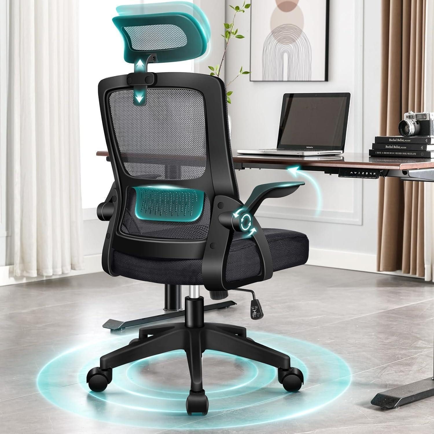 LuxusKollektion Schreibtischstuhl Ergonomischer Bürostuhl Lordosenstütze Neigbarer Drehstuhl Schwarz