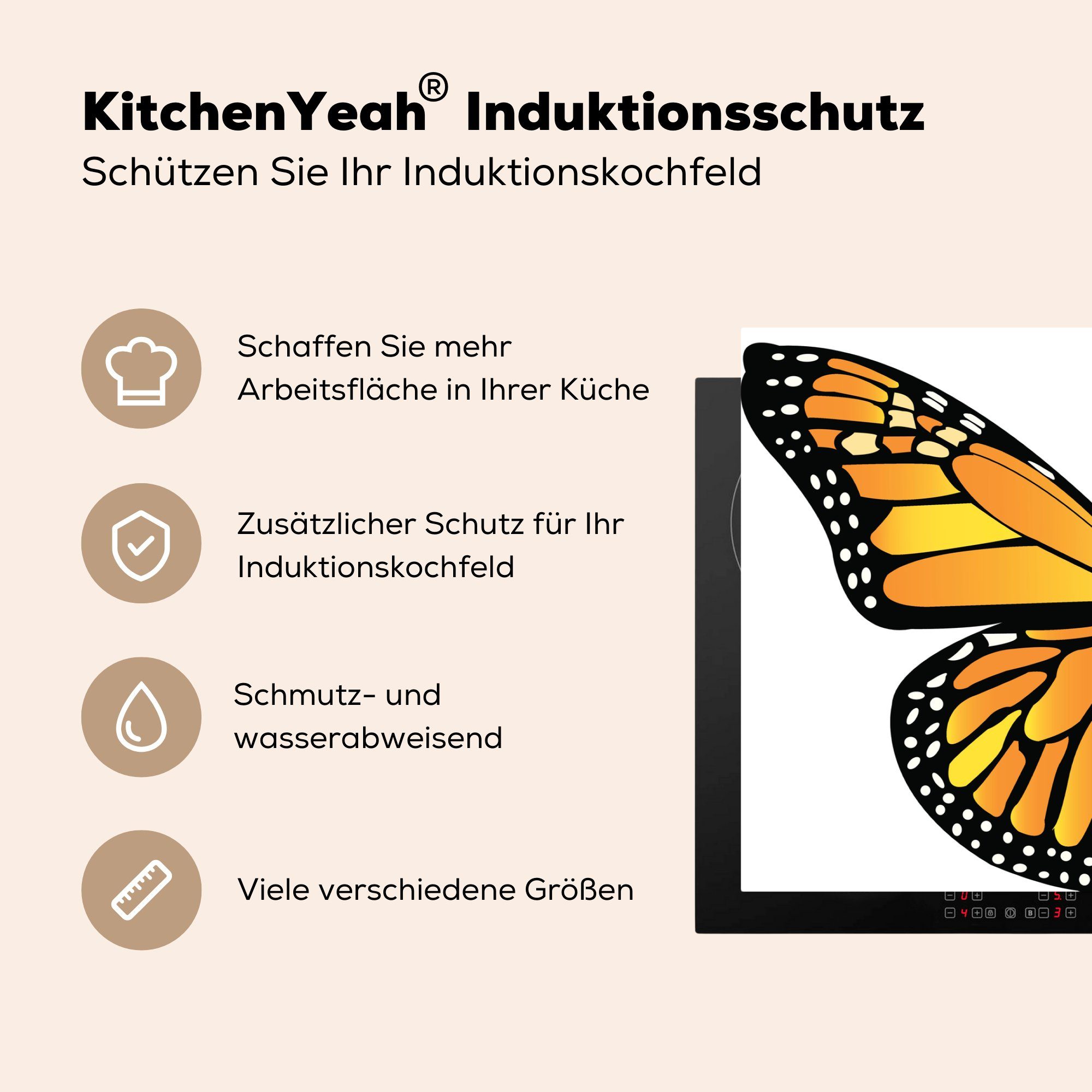 MuchoWow Herdblende-/Abdeckplatte Eine Illustration eines Vinyl, Induktionskochfeld 81x52 Schmetterlings, Schutz Ceranfeldabdeckung für gelb-orangen cm, die küche, (1 tlg)