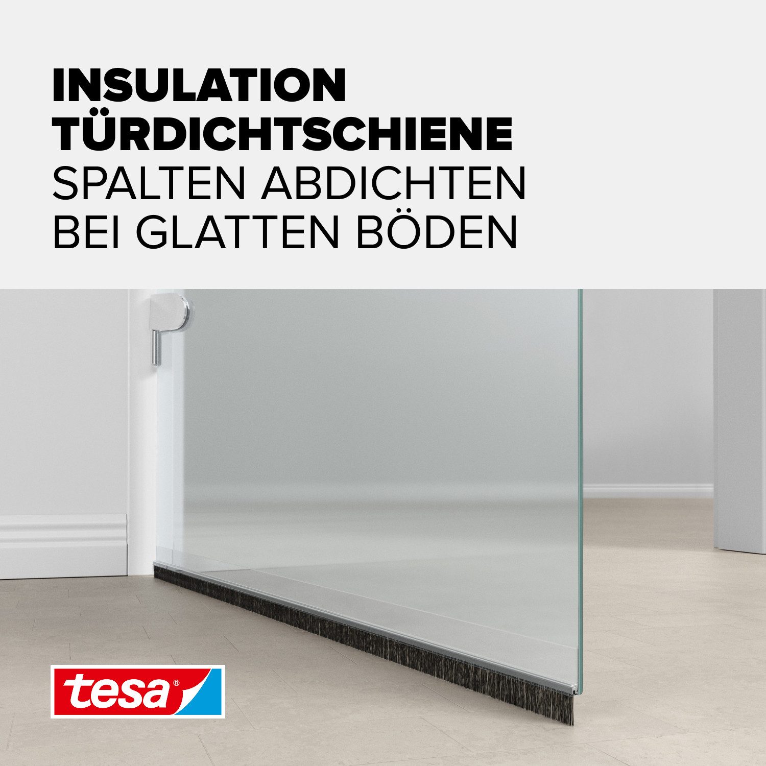 tesa Türbodendichtung INSULATION Türdichtschiene für glatte Böden, (Packung, 1-St., Türdichtschiene transparent - mit Bürstendichtung bis 12 mm), selbstklebende Türdichtung zum Schutz vor Zugluft