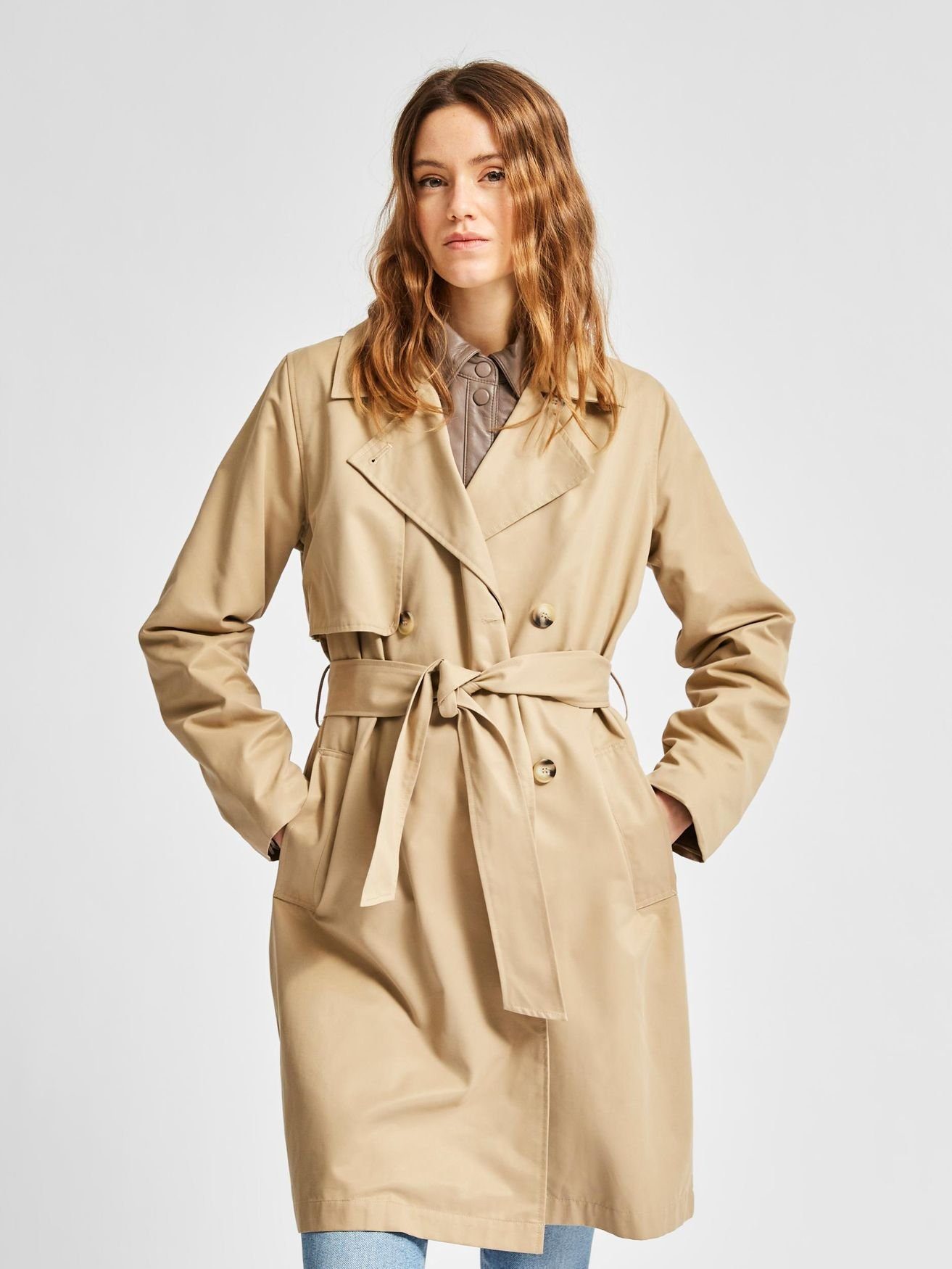 SELECTED FEMME Kurzmantel Eleganter Trench Coat Übergang Mantel SLFWEKA 4992 in Beige