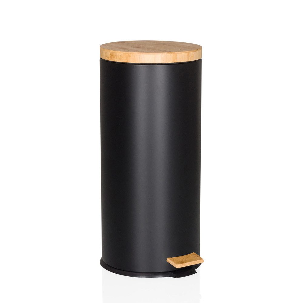 hjh OFFICE Mülleimer Mülleimer CLEAN BAMBOO Metall, Treteimer 30 Liter mit Softclose, Abfalleimer mit Bambusdeckel