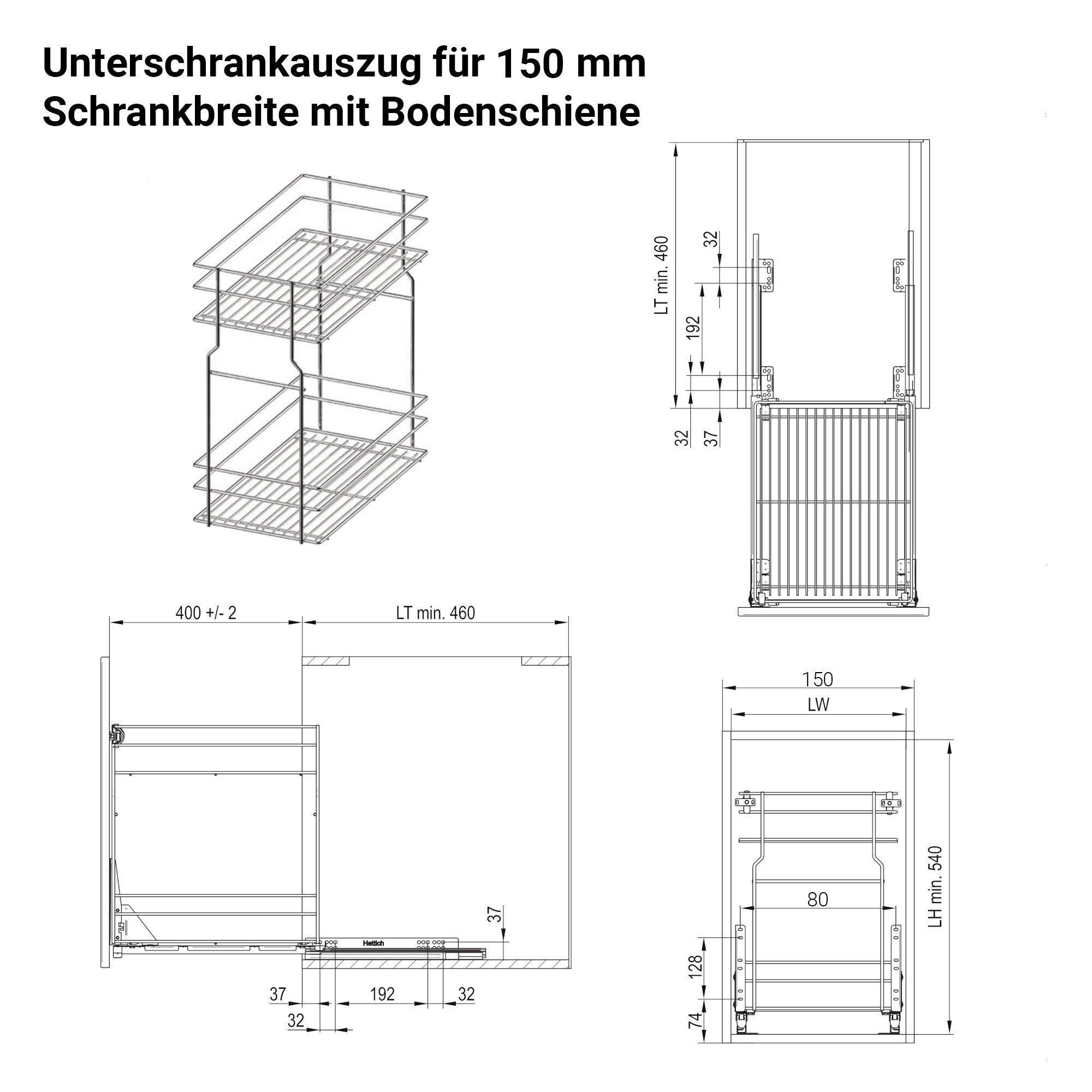 Auszugsunterschrank Schrankauszug Unterschrankauszug Küchenauszug 150-500 Bodenschiene Prima-Online mm