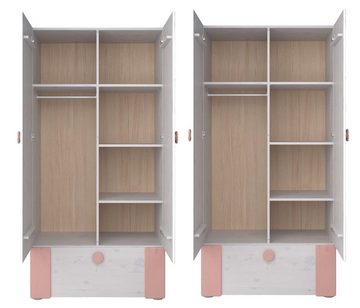 STEENS Kleiderschrank Kiefer Massiv 4-türig Kleiderschrank 200x202 cm Weiß washed/ rosa