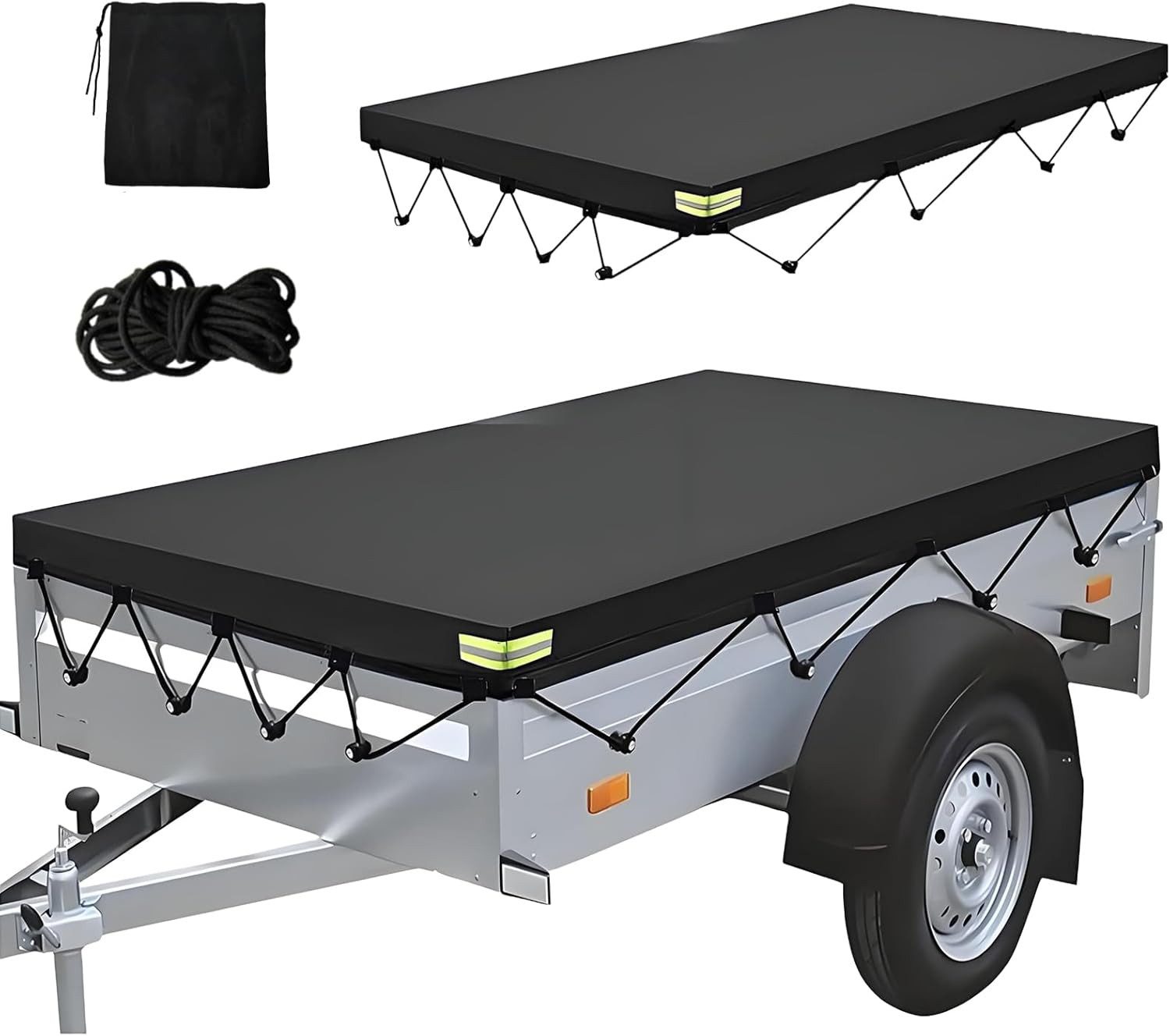 BlingBin Autoplane Anhängerplane mit Planenseil, Abdeckplane Anhänger, 214×122×13 cm (1er Set, 1-St., Außenfinish: Leinwand mit PVC-Beschichtung), Anhänger Flachplane Abdeckplane für Viele PKW Hänger Autoanhänger