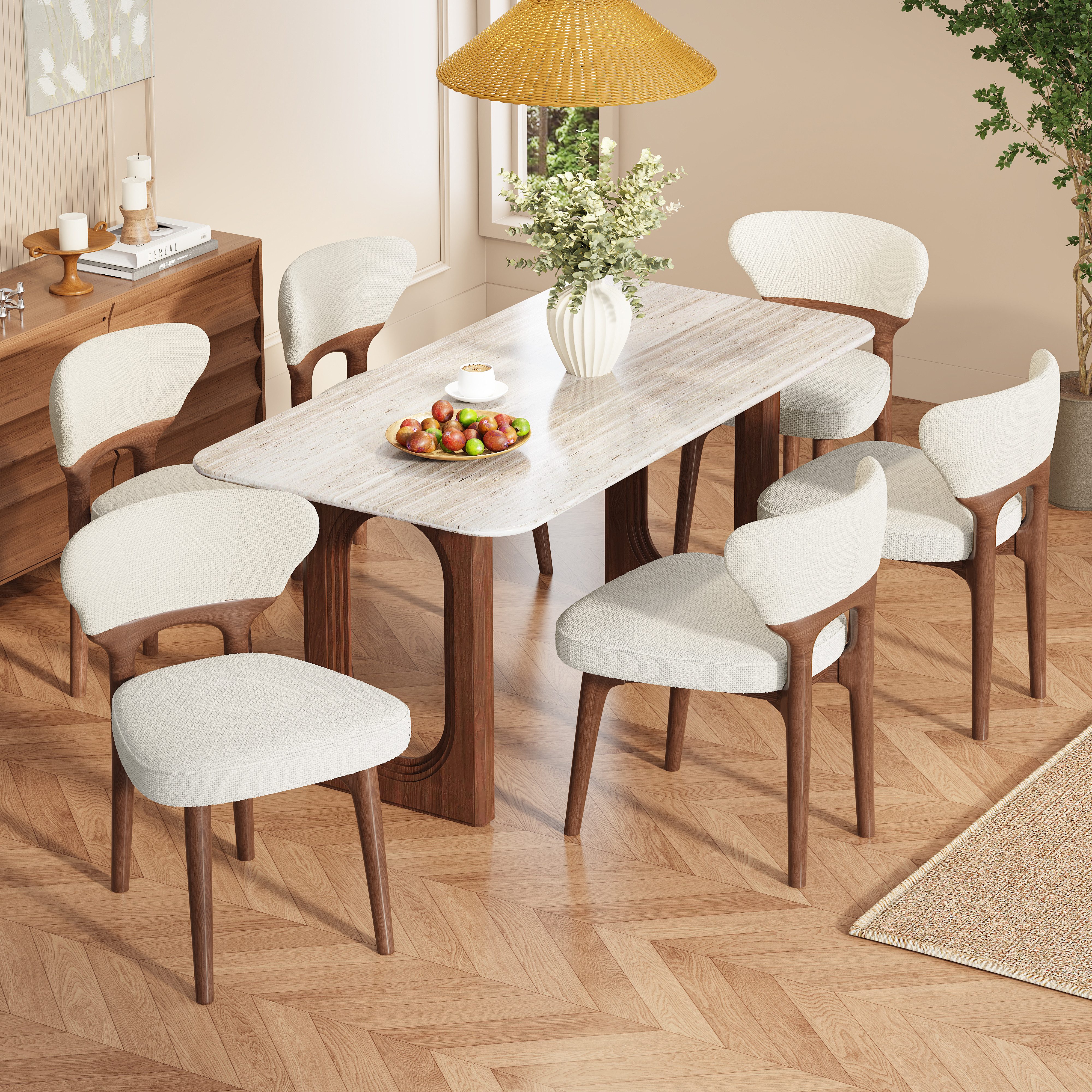 Flieks Esszimmerstuhl Gestell aus Massivholz in Walnussholzfarbe, Bezug aus Chenillestoff (Set, 6 St), 6er Set Polsterstühle Wohnzimmerstuhl Küchenstuhl Hellbeige