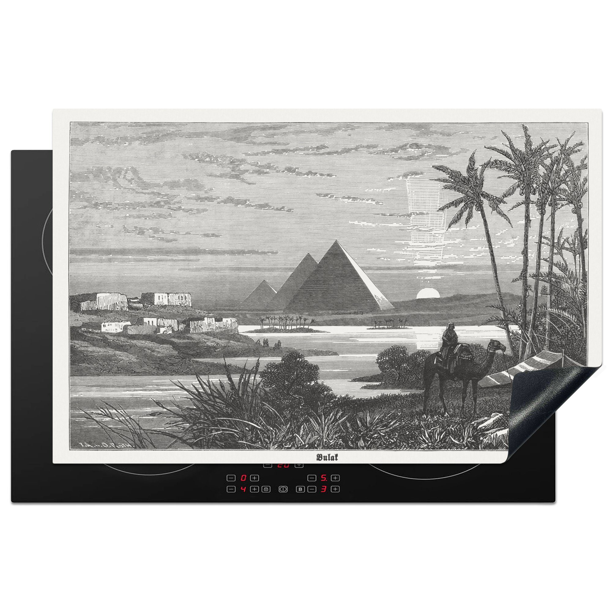 MuchoWow Herdblende-/Abdeckplatte Schwarz-Weiß-Abbildung einer Überschwemmung in Gizeh in Ägypten, Vinyl, (1 tlg), 81x52 cm, Induktionskochfeld Schutz für die küche, Ceranfeldabdeckung