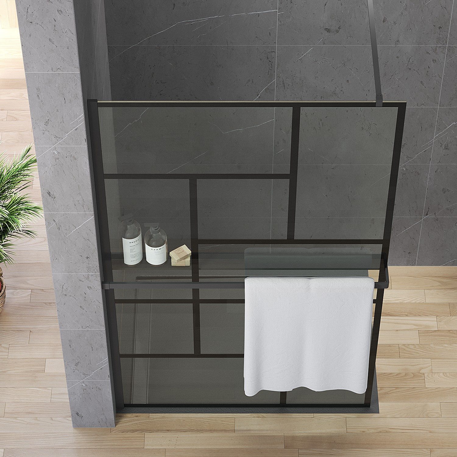 AQUALAVOS Walk-in-Dusche Duschabtrennung mit Handtuchhalter & Ablage Mattschwarz Dekor Kariert, 8mm Sicherheitsglas mit NANO Beschichtung, 100/120×200 cm links/rechts montierbar auf Duschwanne oder Boden