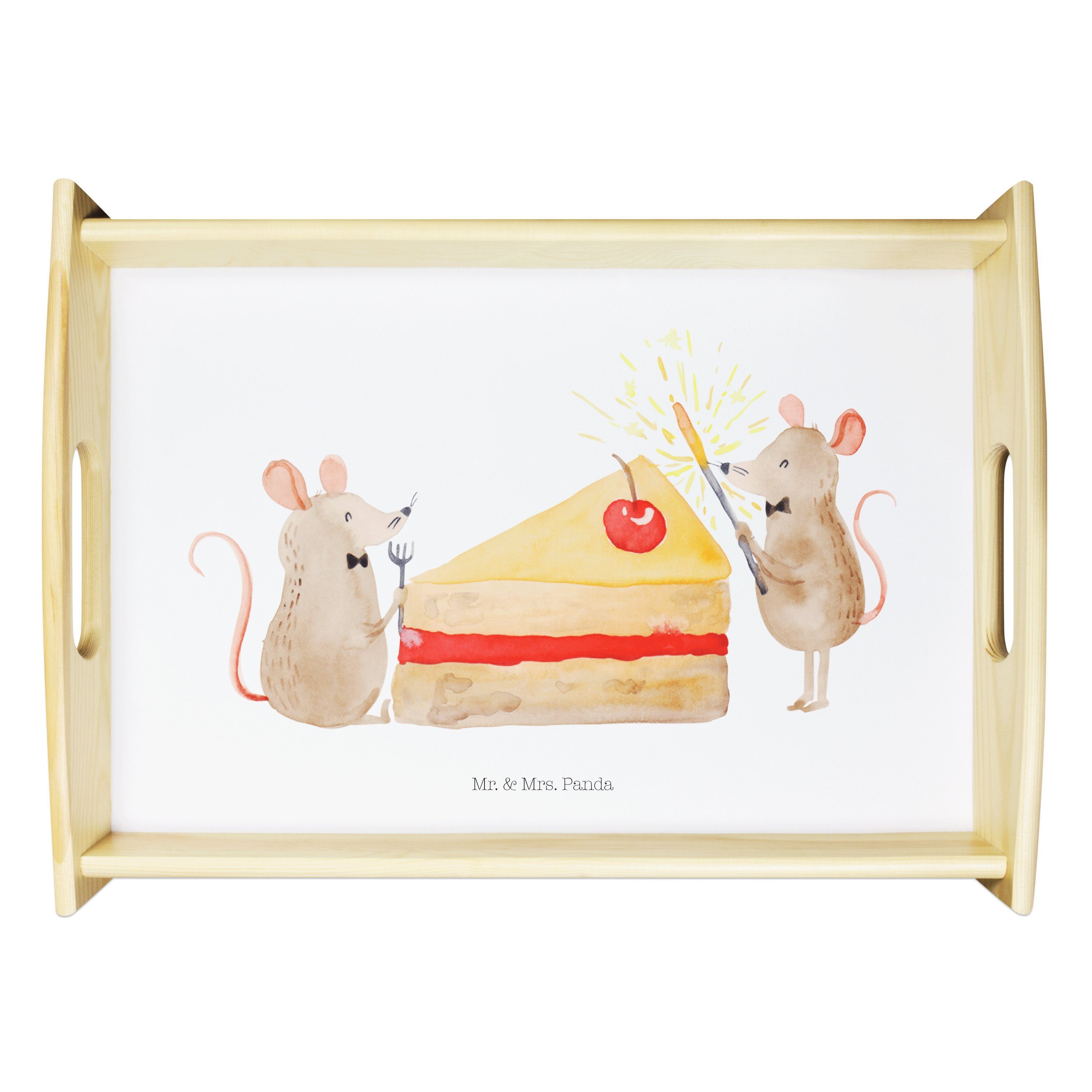 Mr. & Mrs. Panda Tablett Mäuse Kuchen - Weiß - Geschenk, Frühstückstablett, Holztablett, Leben, Echtholz lasiert, (1-tlg)