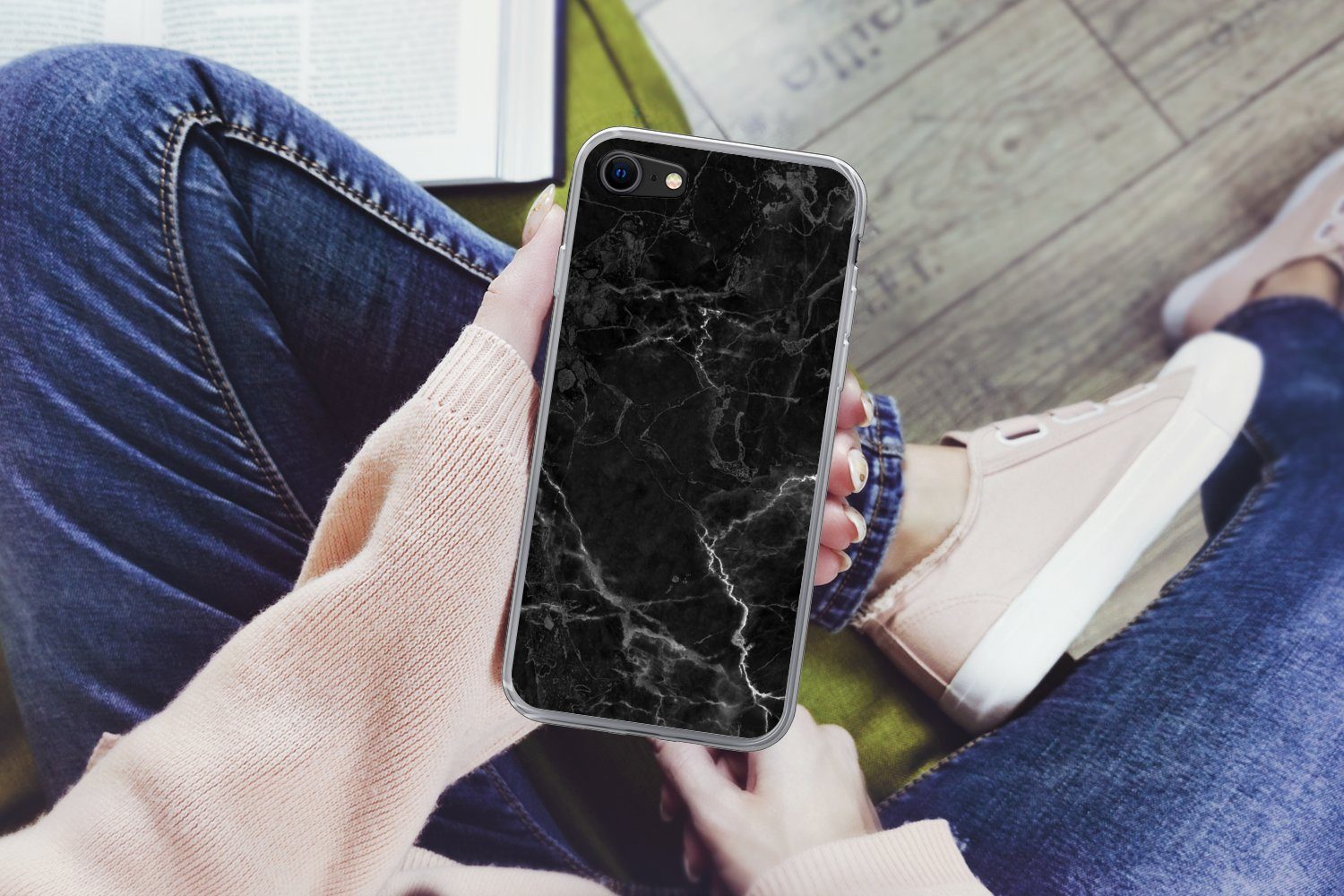MuchoWow Handyhülle für Apple iPhone 7 Marmor - Schwarz - Weiß - Textur - Marmoroptik, Smartphone-Bumper, Print, Handy Schutzhülle Dünn