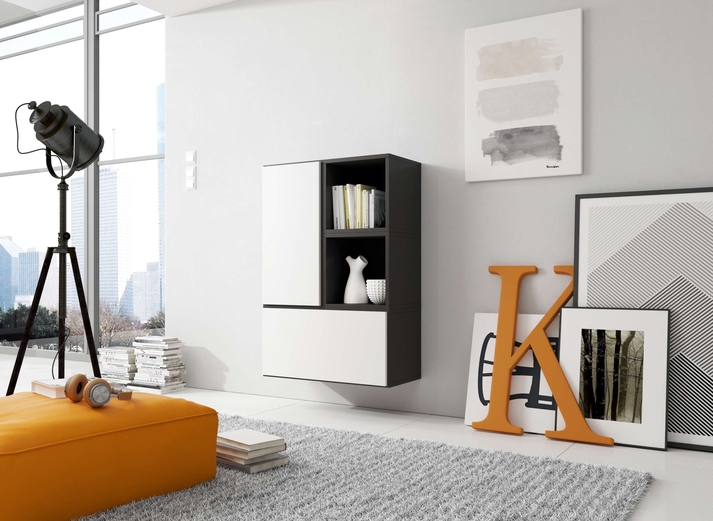 Stylefy Wohnwand Cono XVII, (Set (4-St), Wohnmöbel, Wohnzimmer-Set), bestehend aus 2xWandregal und 2xHängeschrank, mit Push-to-Open, Modern Design Schwarz Matt - Weiß Matt
