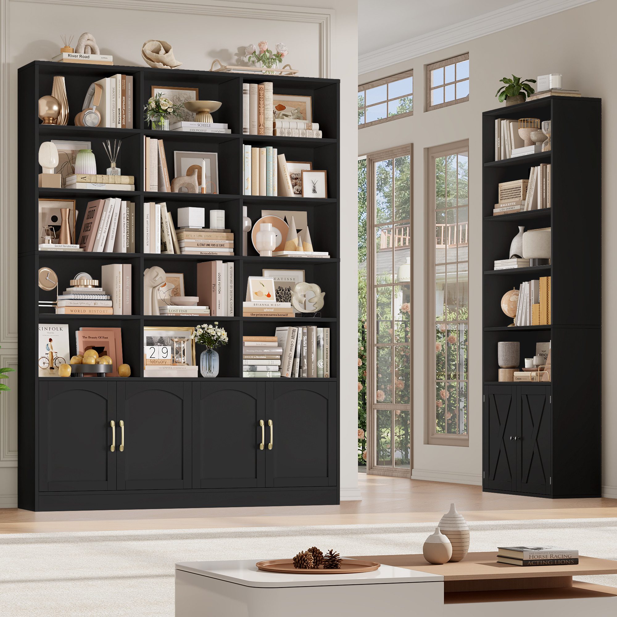 Homfa Bücherregal 209cm Bücherschrank Hochschrank Raumteiler Standregal, mit 15 offenen Fächern und 4 Türen, Holz, 150x23,7x209 cm, Schwarz