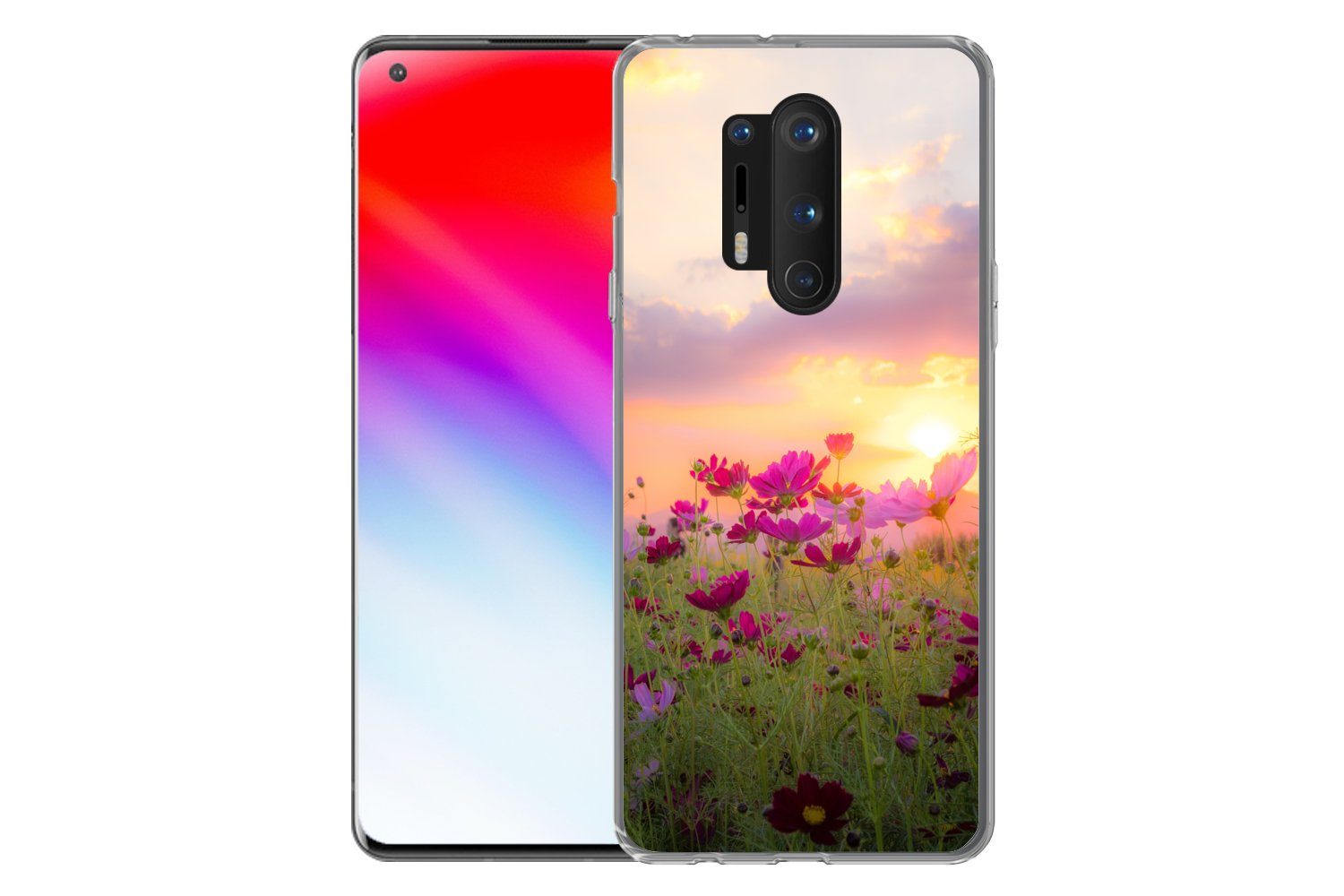 MuchoWow Handyhülle für OnePlus 8 Pro Sonnenuntergang - Blumen - Rosa - Natur - Grün, Phone Case, Silikon, Schutzhülle Dünn