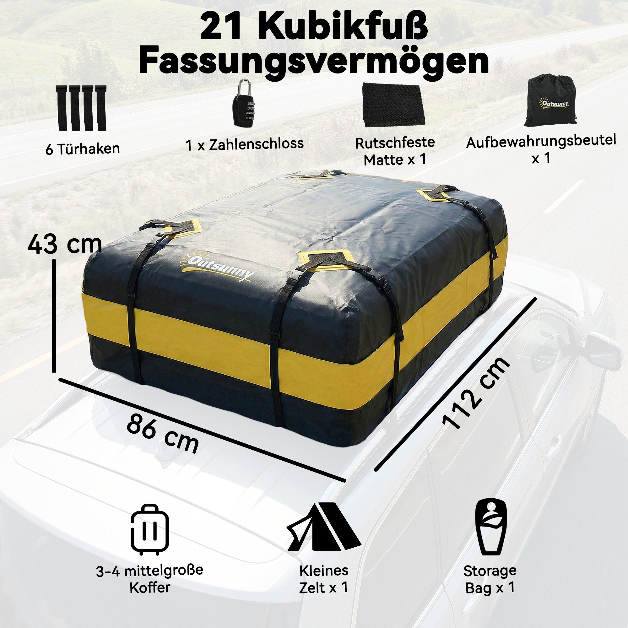 Outsunny Dachbox Auto Gepäckbox mit 8 Verstärkte Gurte Rutsch-Matte Türhaken, (425L Autodach-Tasche, 1-St., Wasserdicht Dachgepäckträger Tasche), für alle Fahrzeugdächer mit,ohne Gepäckträger Gelb