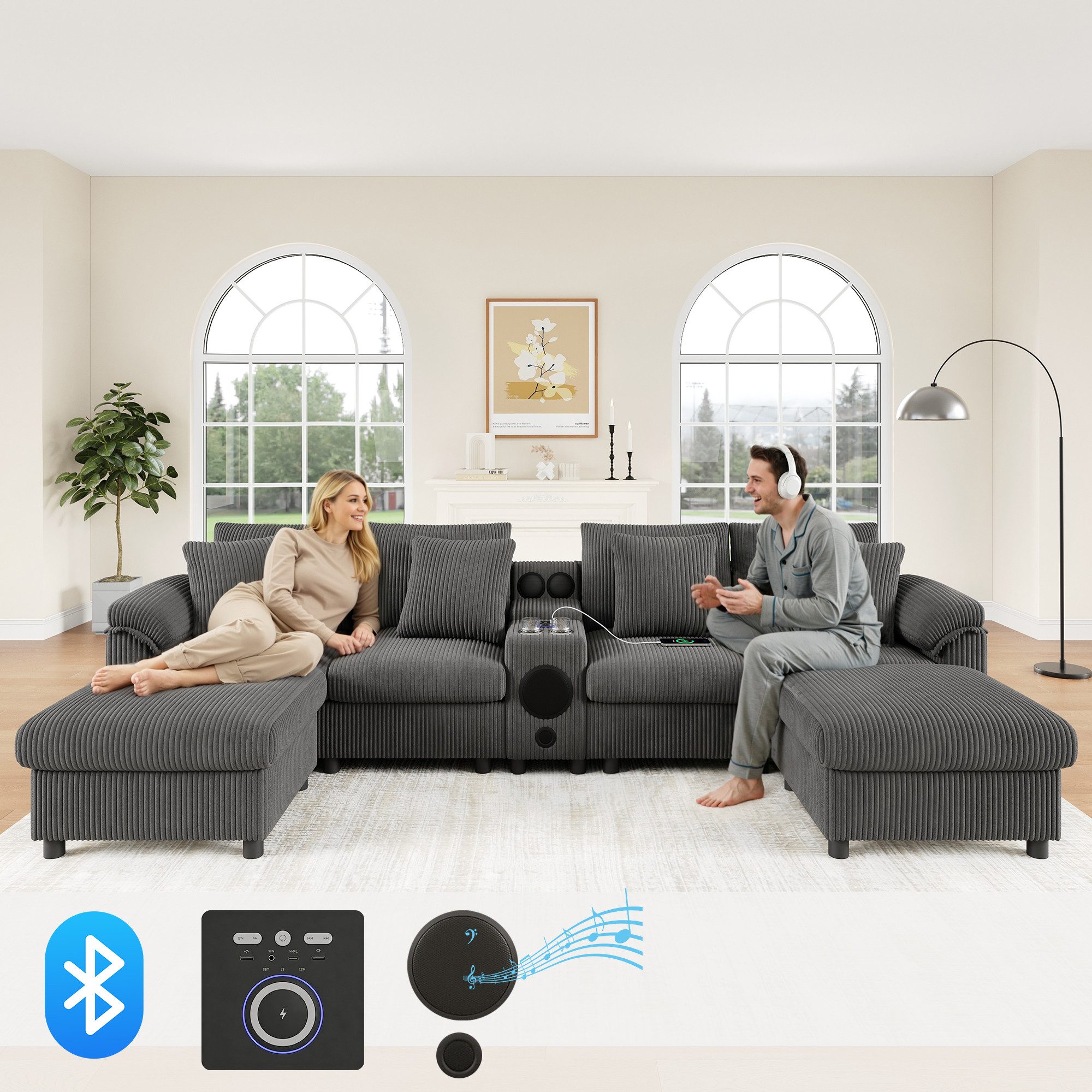 Merax Ecksofa mit Bluetooth-Lautsprecher & Medienkonsole, U-/L-Form Ecksofa, inkl. Hocker & Kissen, für 4–6 Personen, Cordstoff 1 Teile, Modulares Sofa mit Stauraum, Wireless Charging, USB & Getränkehaltern