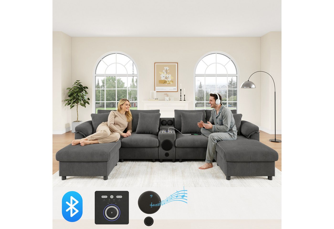 Merax Ecksofa mit Bluetooth-Lautsprecher & Medienkonsole, U-/L-Form Ecksofa, inkl. Hocker & Kissen, für 4–6 Personen, Cordstoff 1 Teile, Modulares Sofa mit Stauraum, Wireless Charging, USB & Getränkehaltern
