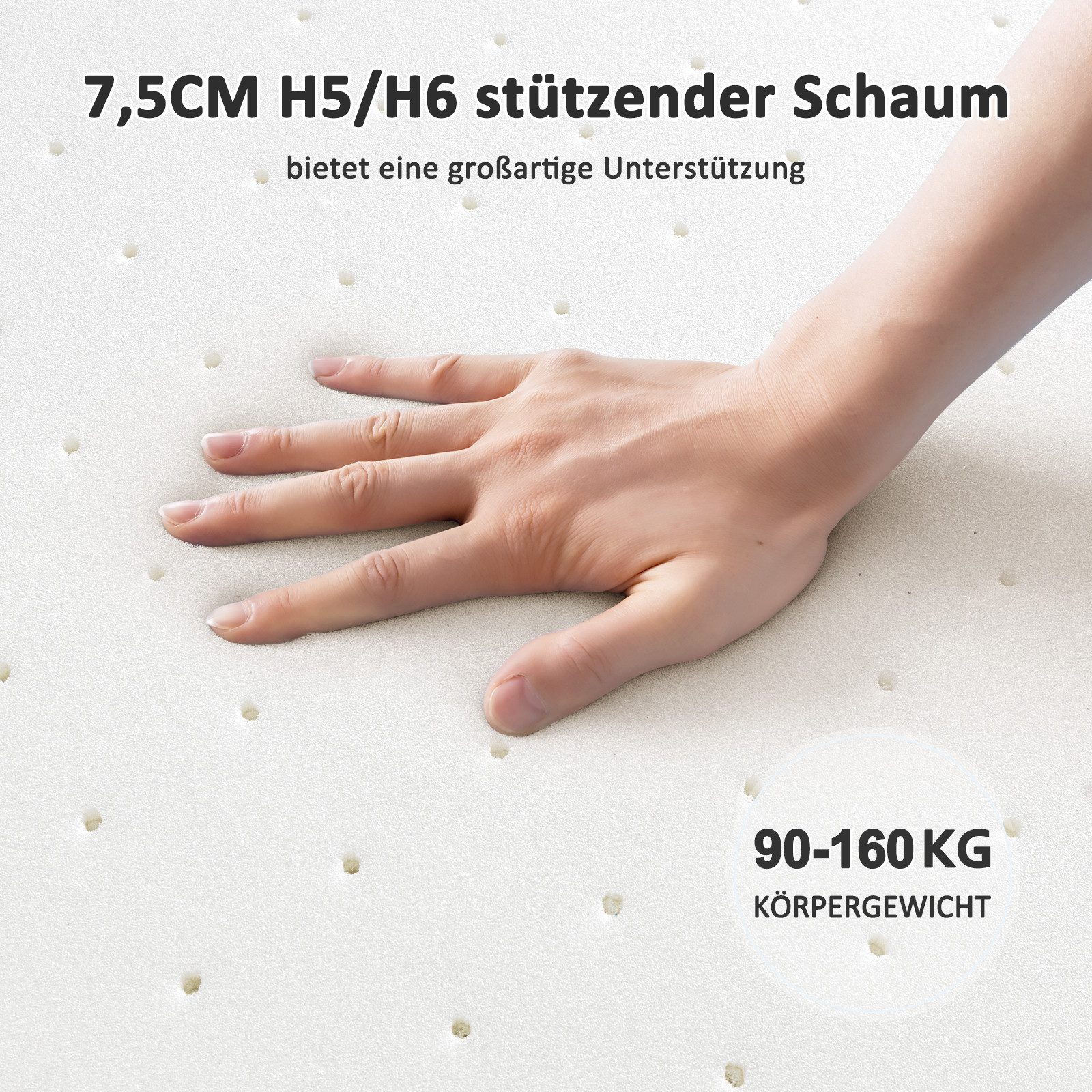BedStory, Topper 180x200 cm Matratzentopper H3/H4 oder H5/H6 für 80x200–200x200 cm, 7.5 cm hoch, extra harter Schaum, (Packung), Atmungsaktive Perforation, Steppstoff, doppelte Rutschfestigkeit
