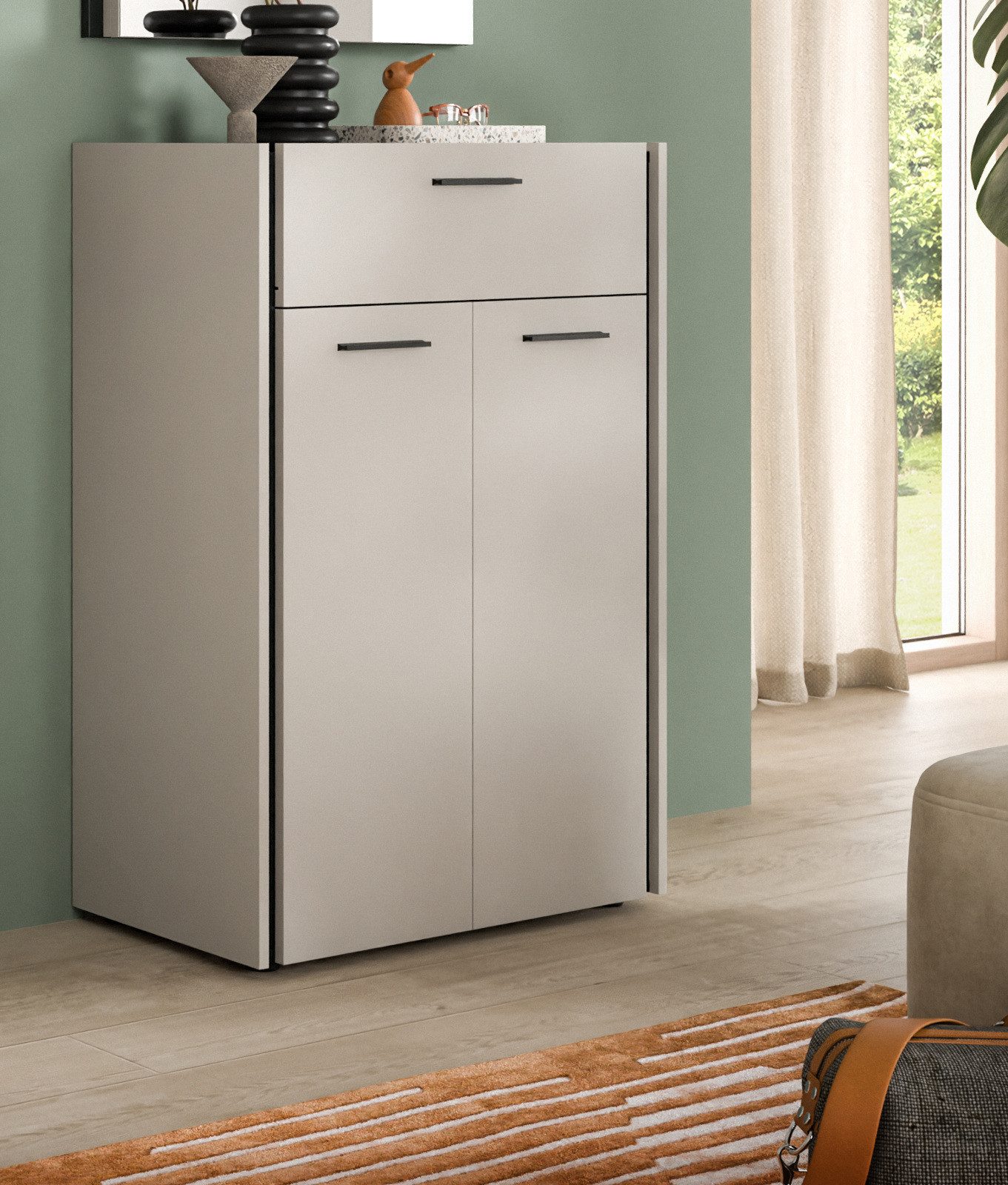 Inn.Furn Schuhkommode Nevia (Flurkommode in Kaschmir / Sand mit Schwarz, 2-türig, 75 x 106 cm), mit Soft-Close-Funktion und Vollauszug