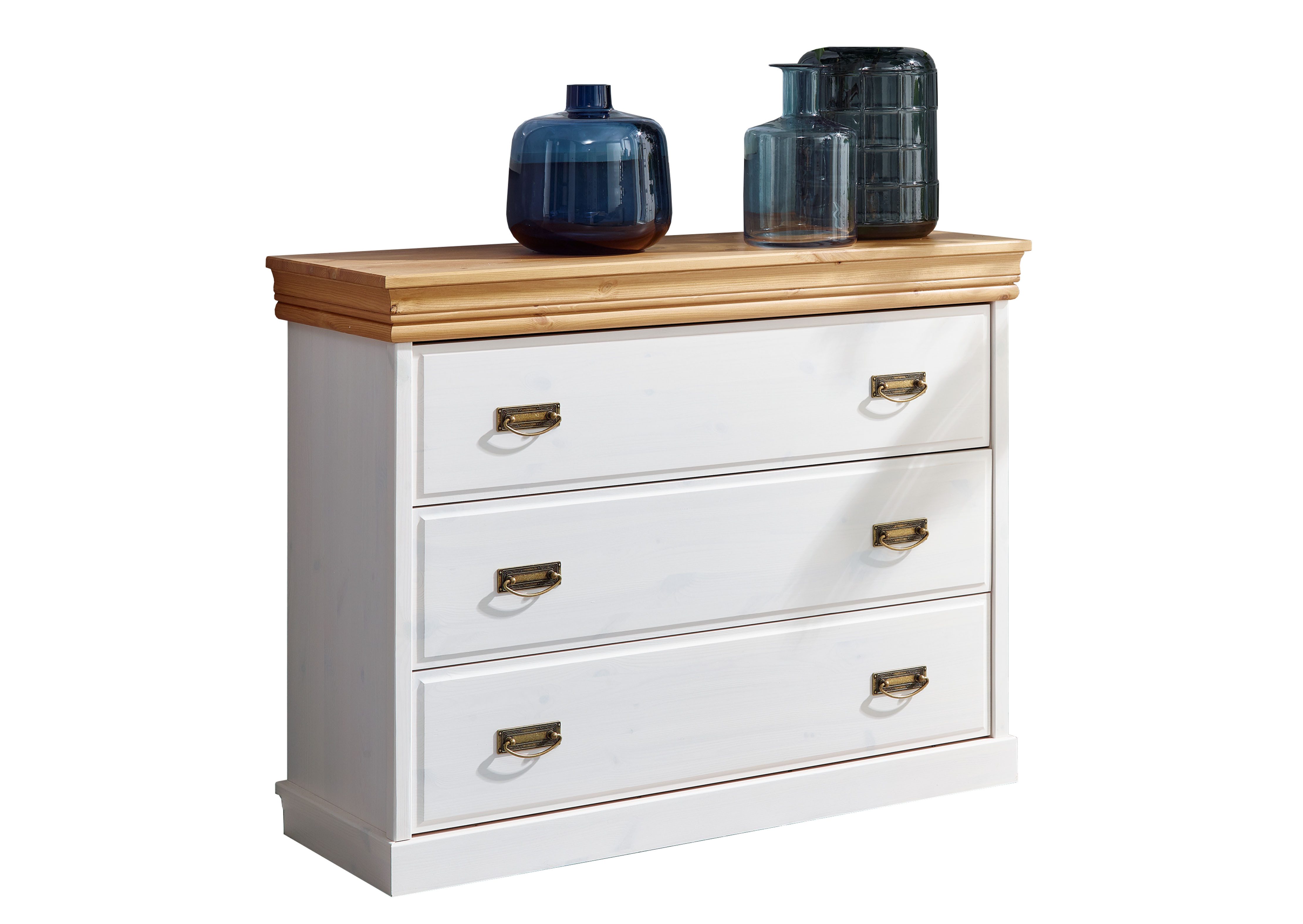 Woodroom Kommode Pila (Kiefer massiv weiß gewachst, 107 × 84 × 41 cm), Anrichte, Sideboard, Kommode mit 3 Schubladen