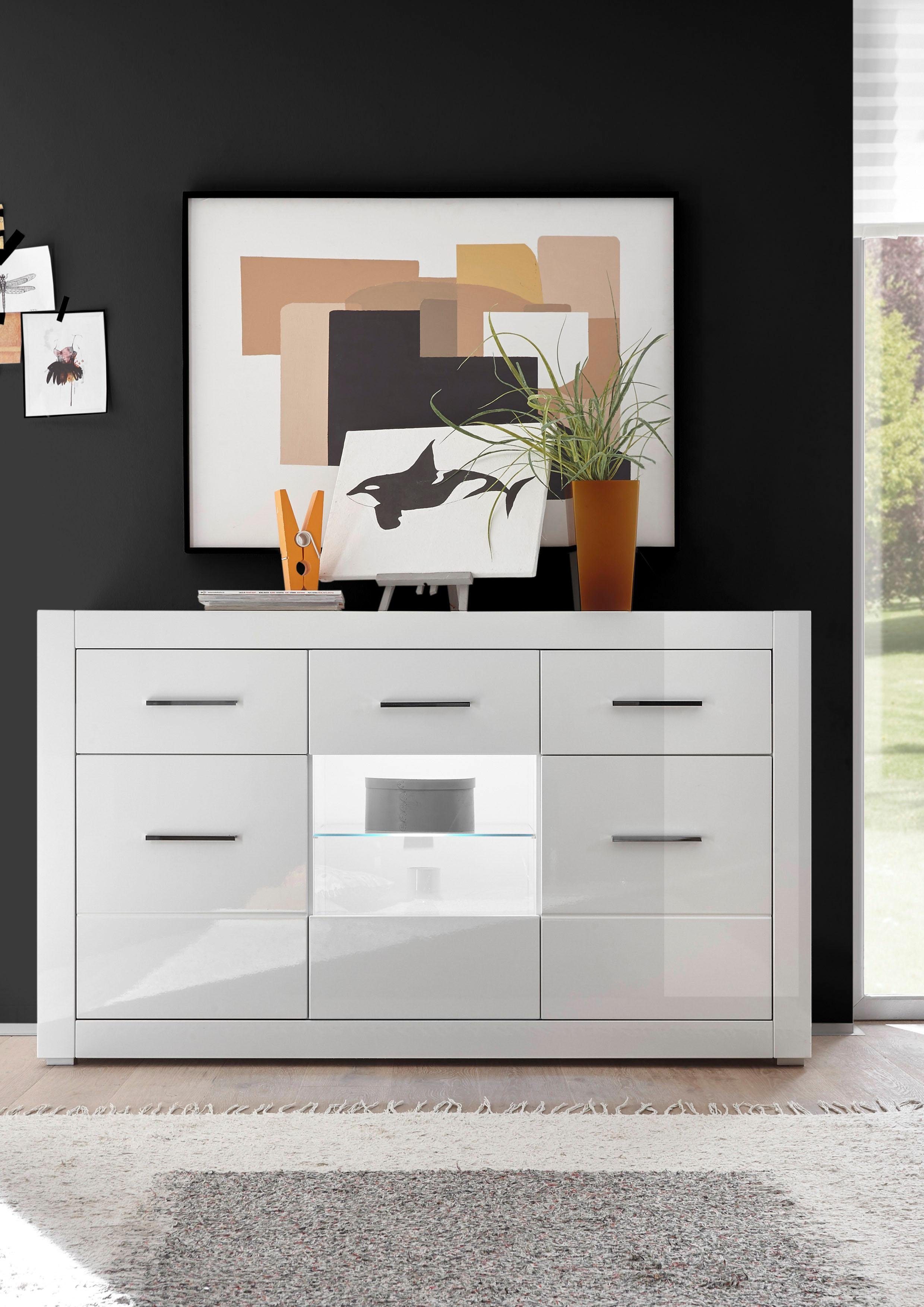 Home affaire Sideboard Bianco, moderner Schrank, Kommode in Weiß Hochglanz, silberne Metallgriffe, ausreichend Stauraum, zeitlos, 164 cm breit