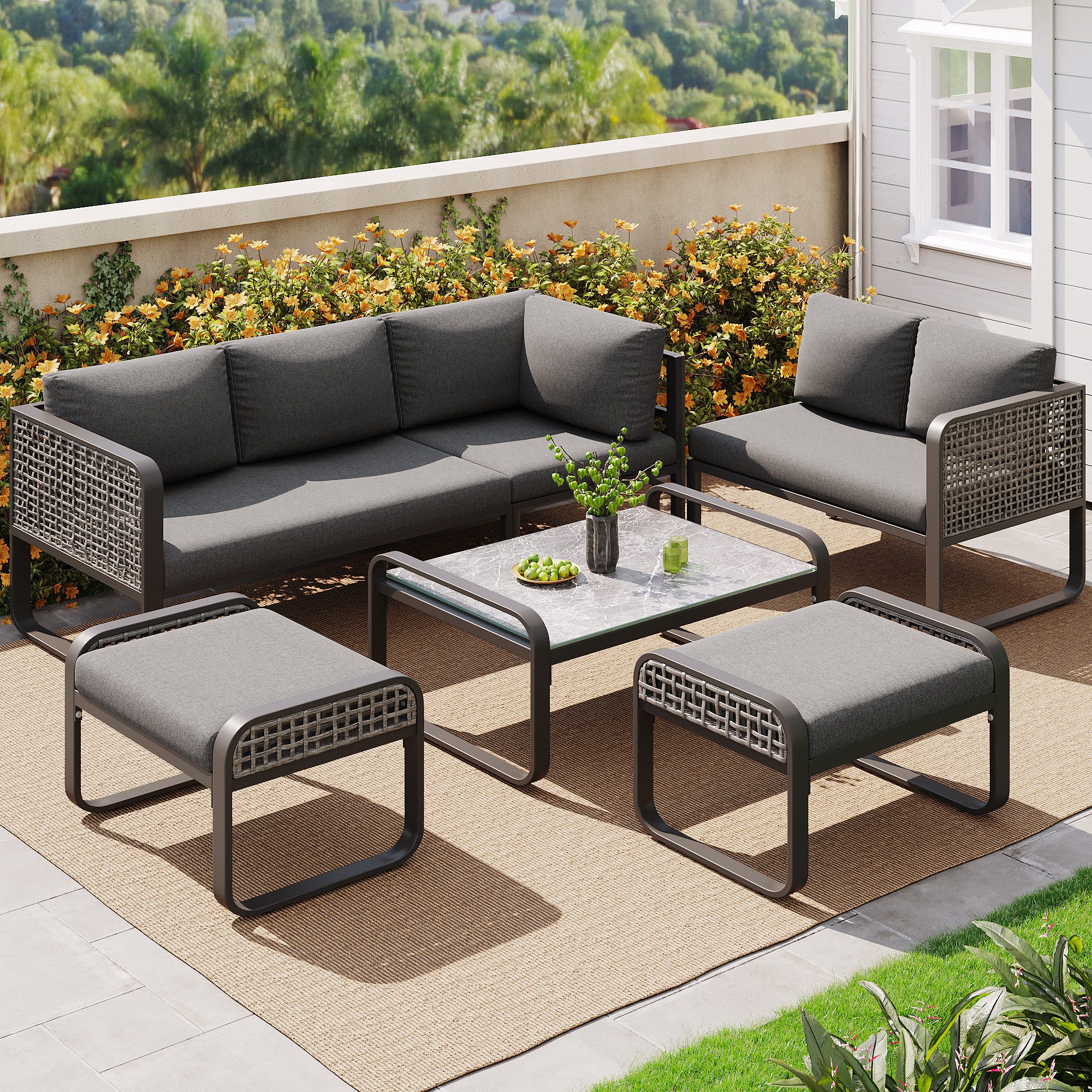 Flieks Gartenlounge-Set, 7-Sitzer Polyrattan Gartenmöbel Balkonset günstig online kaufen