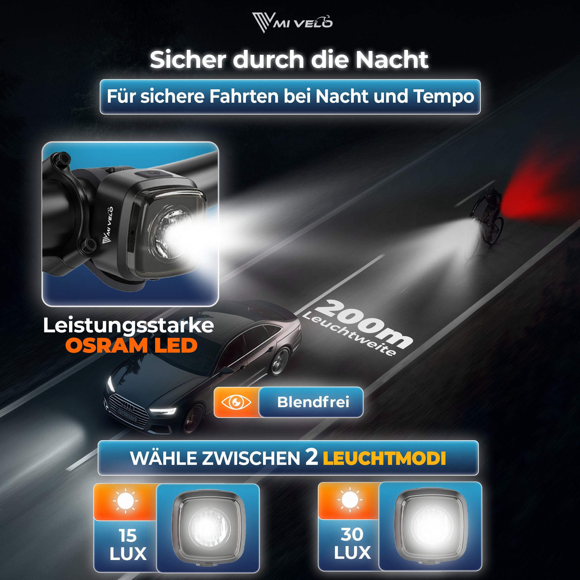 MIVELO Fahrradbeleuchtung COB Pro Fahrradlicht LED Set mit Bremsfunktion Akku USB aufladbar, StVZO zugelassen