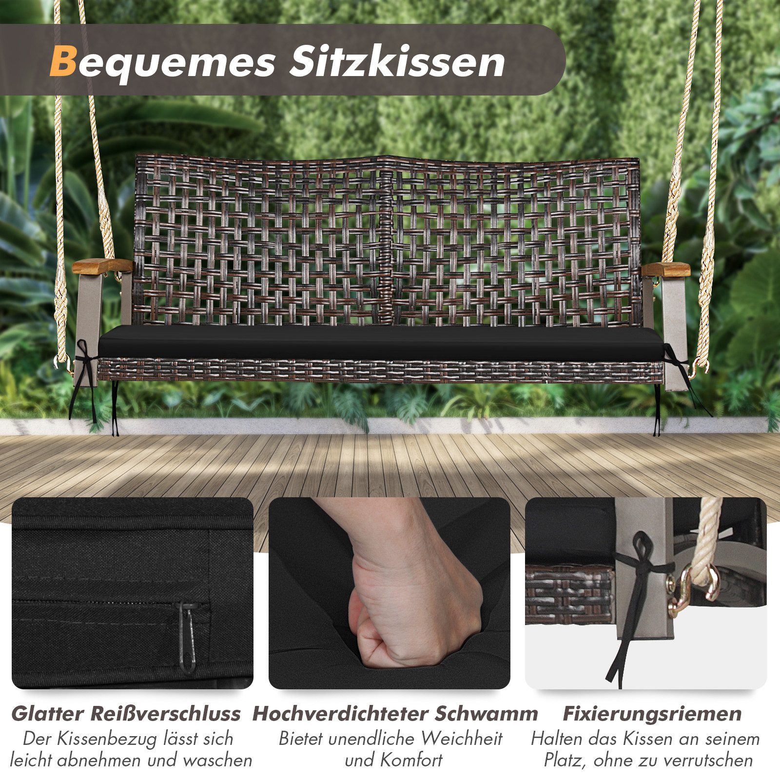 COSTWAY Hollywoodschaukel, 2-Sitzer, Schaukelbank Rattan mit Kissen, 360kg