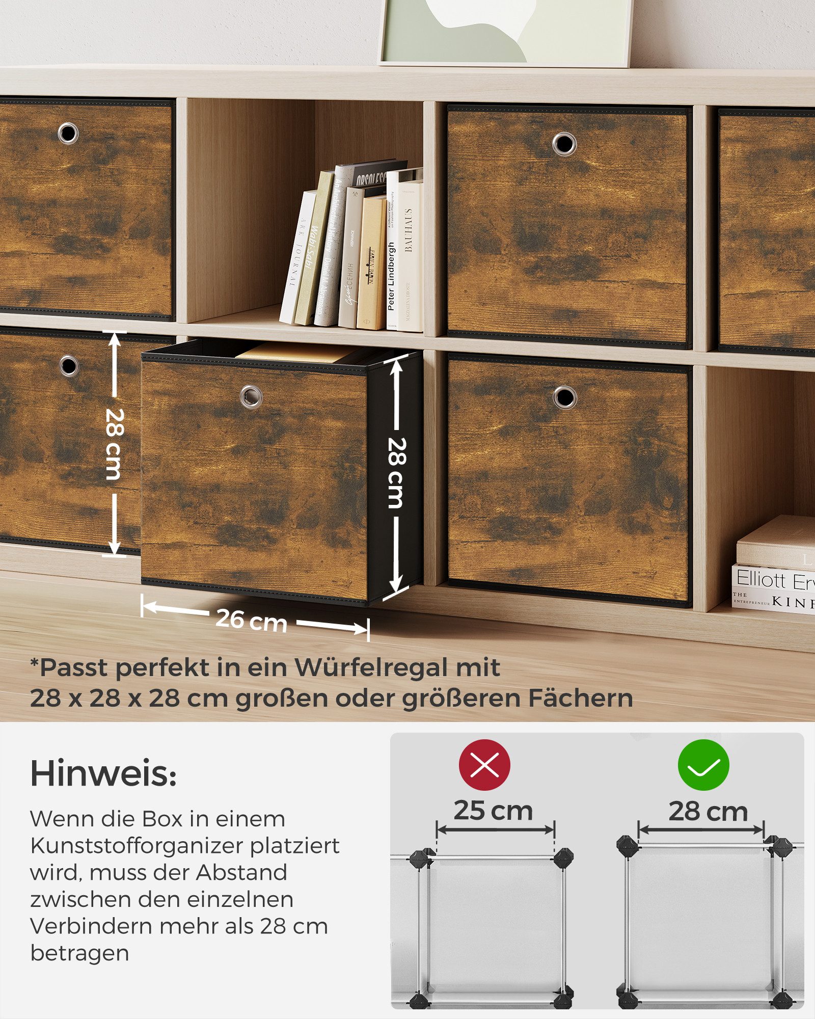 SONGMICS Aufbewahrungsbox Ordnungsboxen, für Würfelregal, Organizer, vintagebraun-schwarz (6 St), Vliesstoff, Faltbox, 26 x 26 x 28 cm, Stoffbox, für Kleidung