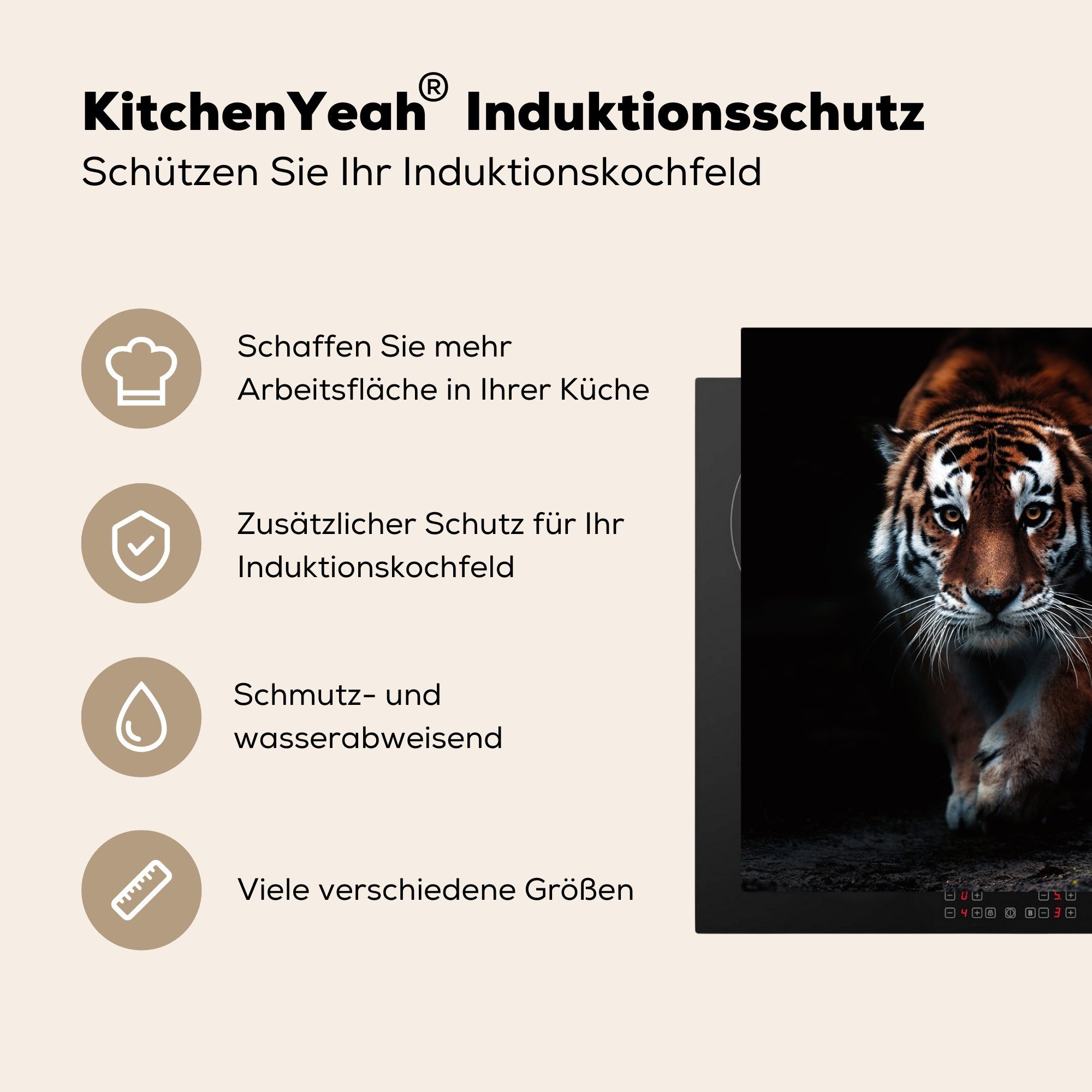(1 MuchoWow Tiere Porträt, Wild 81x52 Vinyl, - - - Tiger tlg), Schwarz Arbeitsplatte Herdblende-/Abdeckplatte Ceranfeldabdeckung, - für küche cm,
