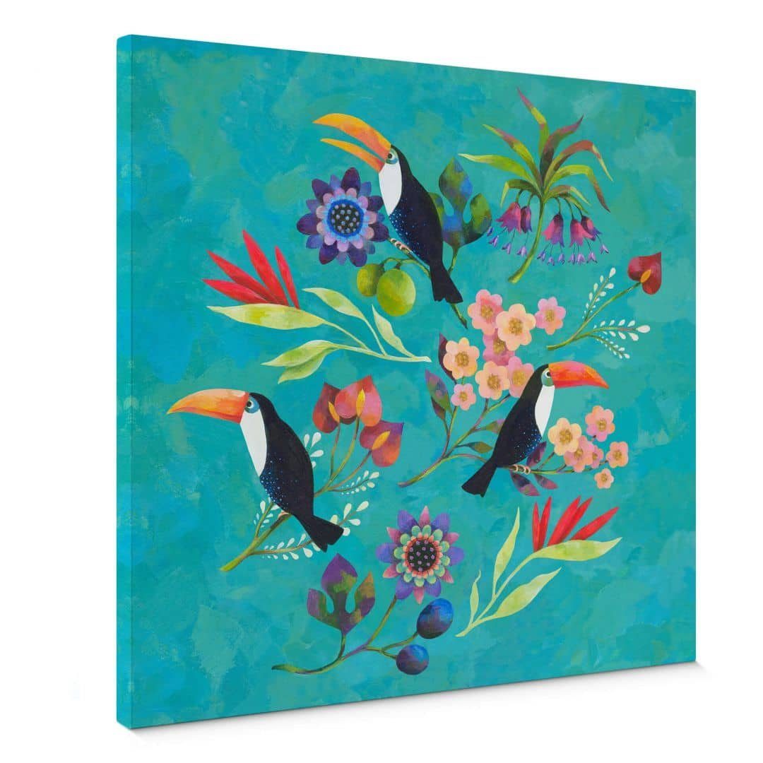 K&L Wall Art Leinwandbild Leinwandbild Kinderzimmer Blanz Boho Blumen Vogel Tukan Papagei, Wanddeko Holz Bilderrahmen