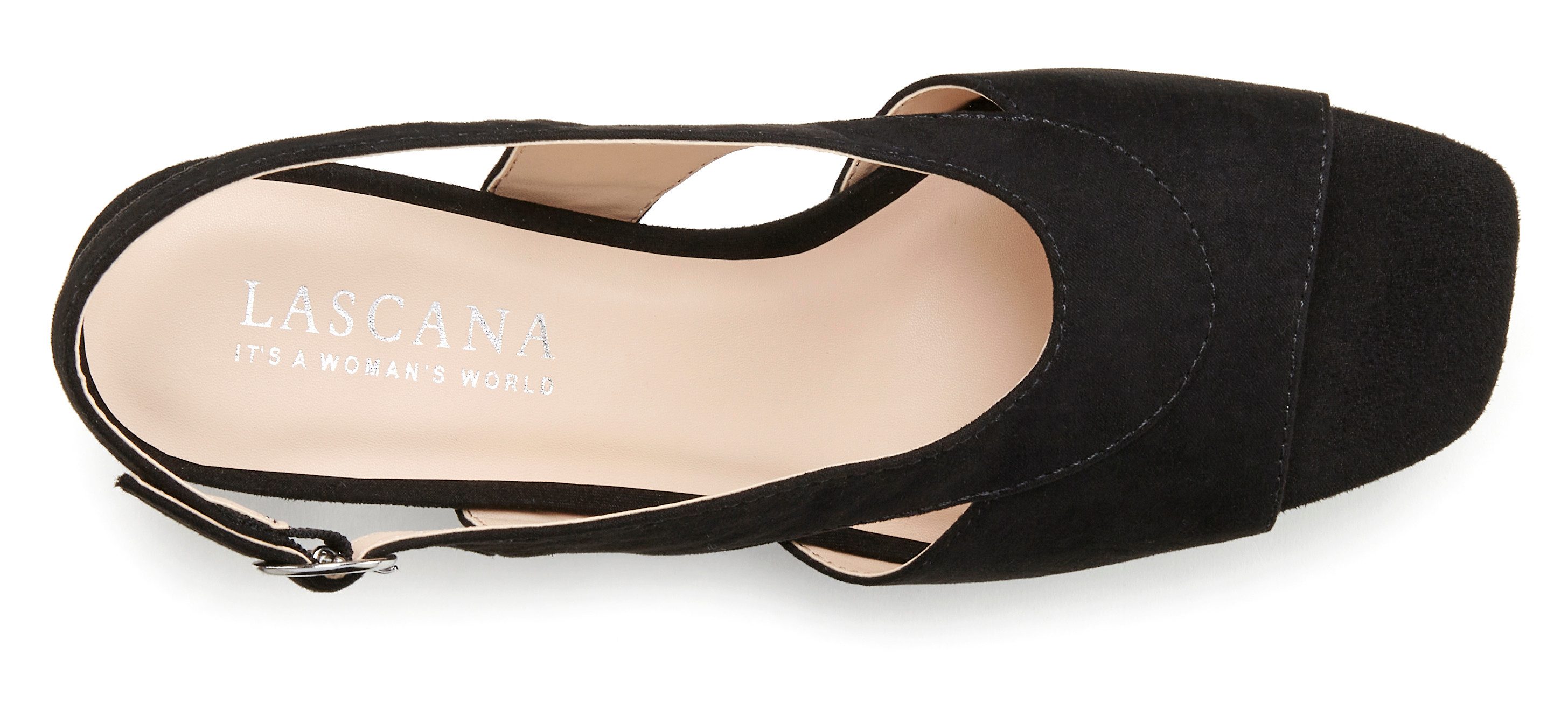 LASCANA Sandale, Sommerschuh, Sandalette mit Blockabsatz und raffiniertem Ausschnitt VEGAN