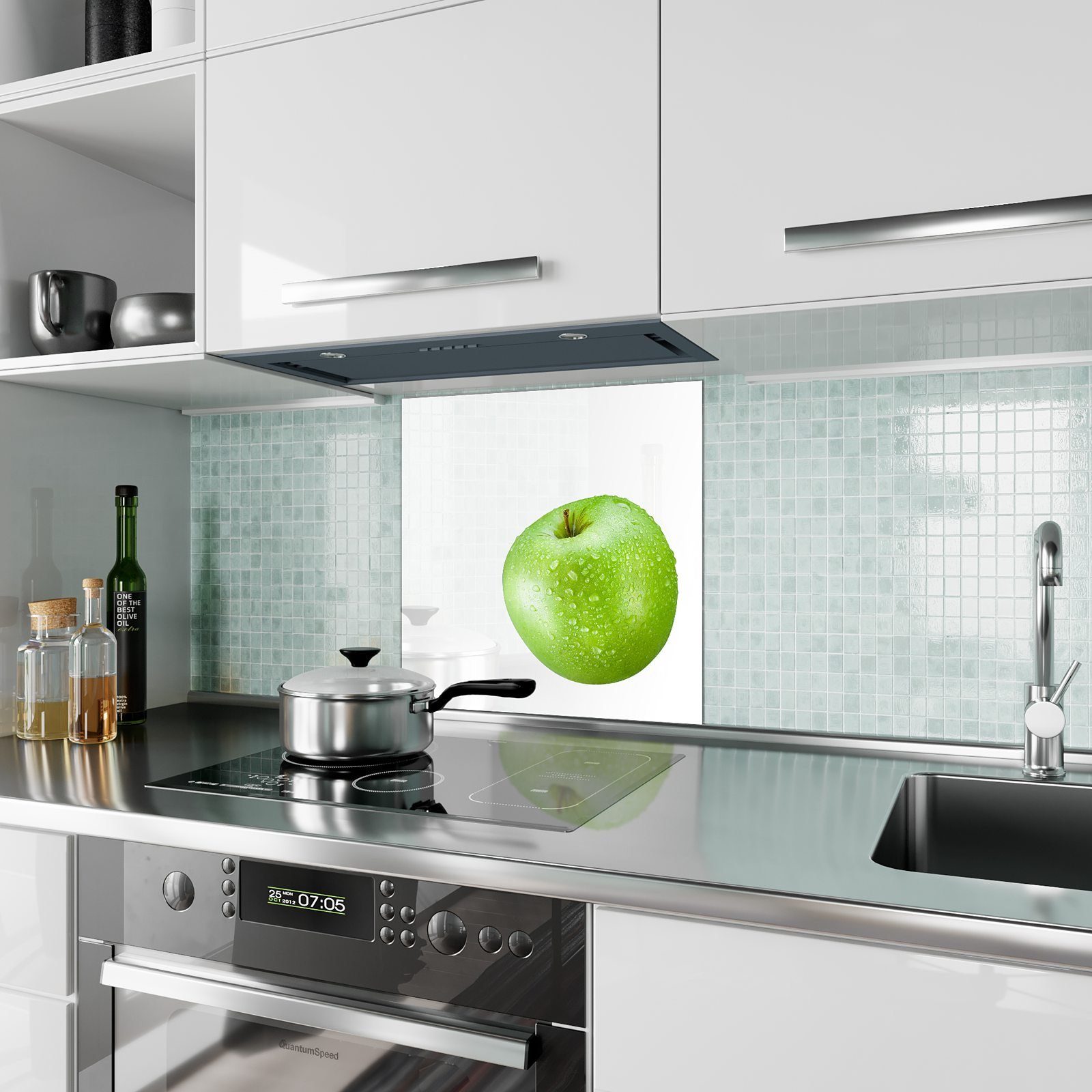 mit mit Motiv Glas Küchenrückwand Spritzschutz Küchenrückwand Apfel Wassertropfen Primedeco