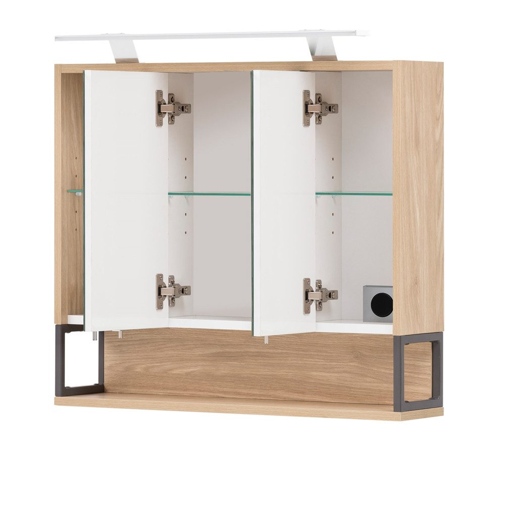 Lomadox Spiegelschrank LIMOGES mit Beleuchtung -80 in Eiche hell Nb., B/H/T: ca. 70/68/16 cm