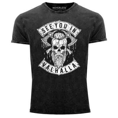 Neverless Print-Shirt Herren Vintage Shirt See You in Valhalla Wikinger Totenkopf Skull Printshirt T-Shirt Aufdruck Used Look Neverless® mit Print