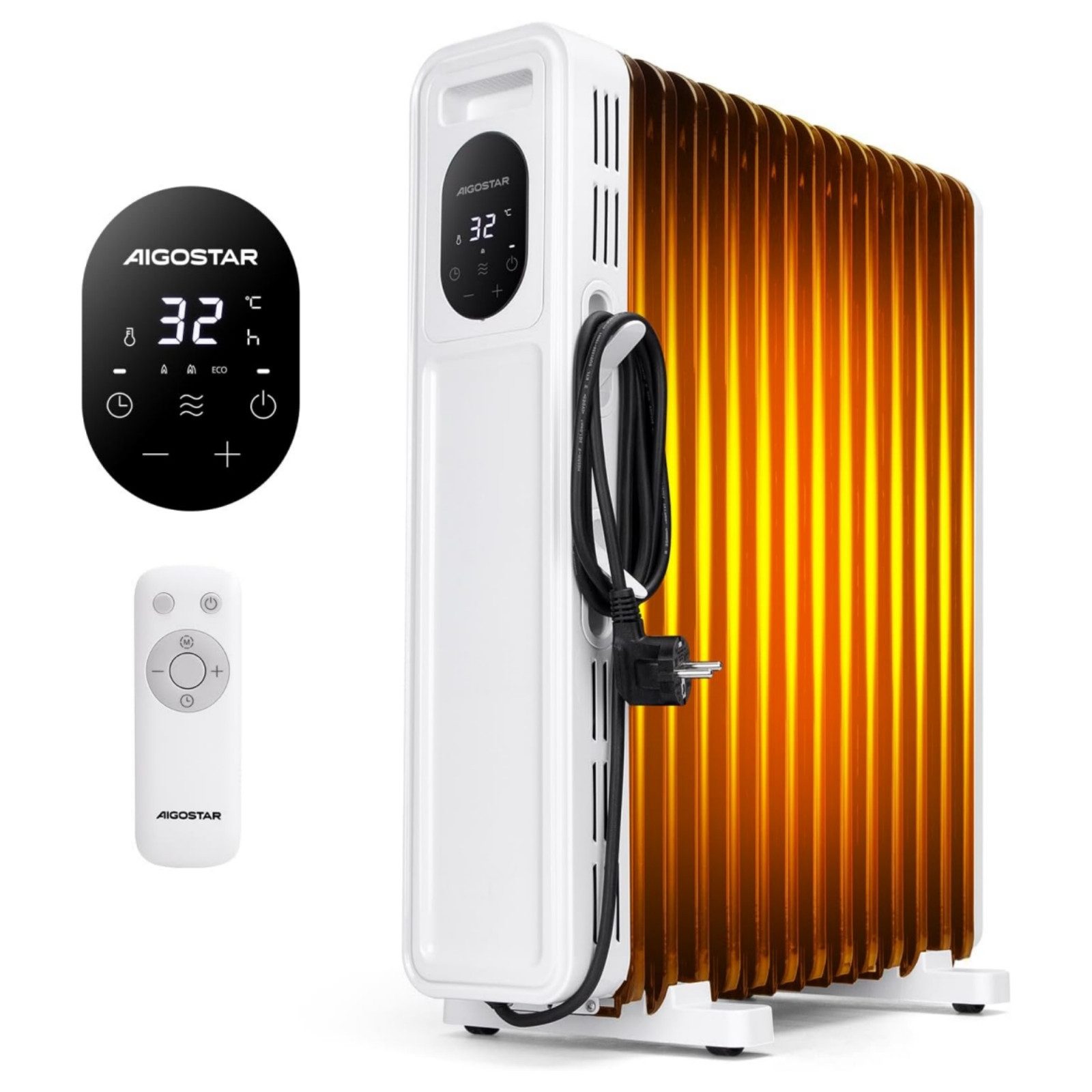Aigostar Ölradiator Energiesparend Heizung Elektrisch mit Thermostat & Fernbedienung, 2500 W, ECO Modi, 3 Modi, 24H Timer, Kipp & Überhitzungsschutz