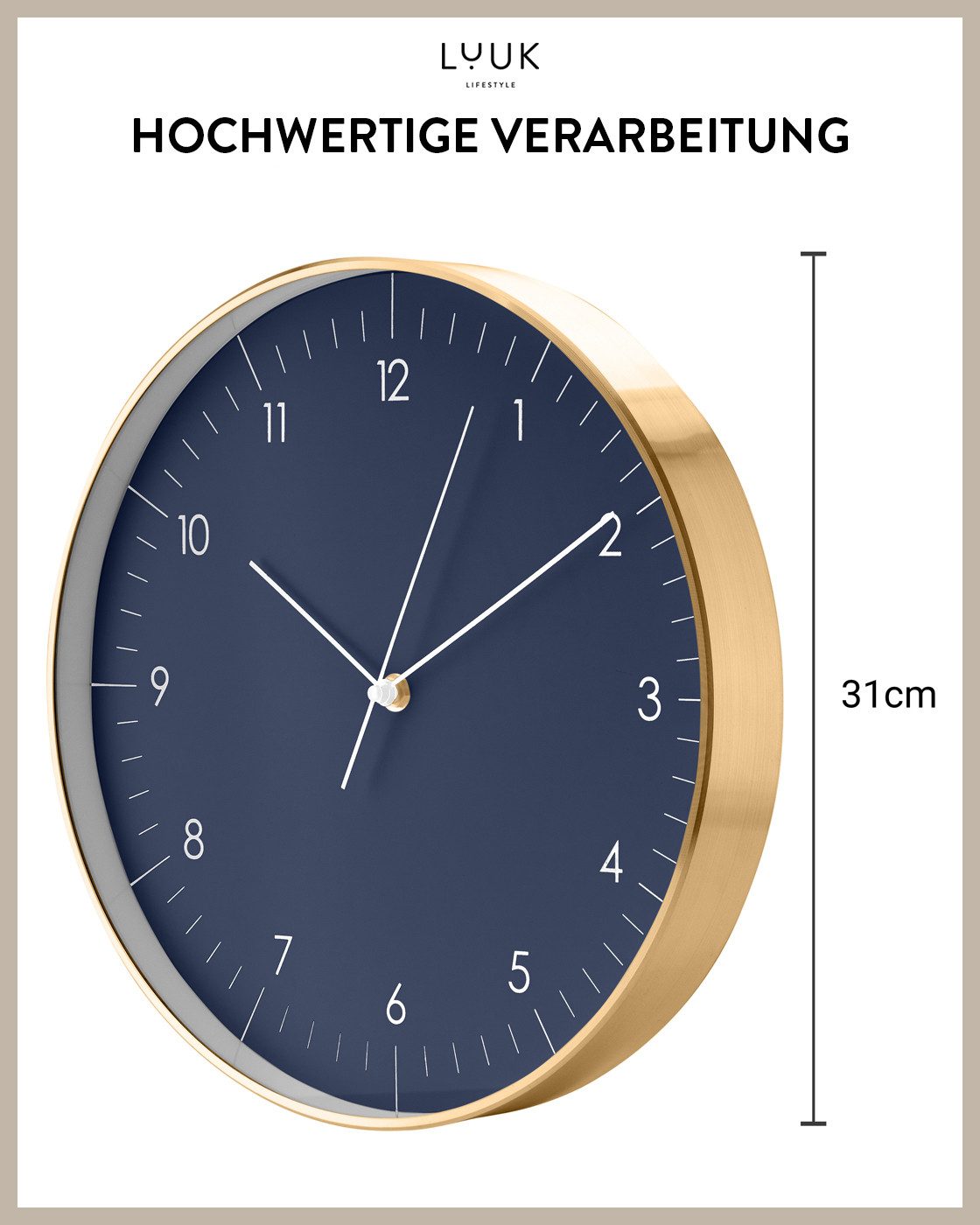 LUUK LIFESTYLE Wanduhr Helsinki (ohne Tickgeräusche, Quarzuhrwerk, große Ziffern, Sekundenzeiger)