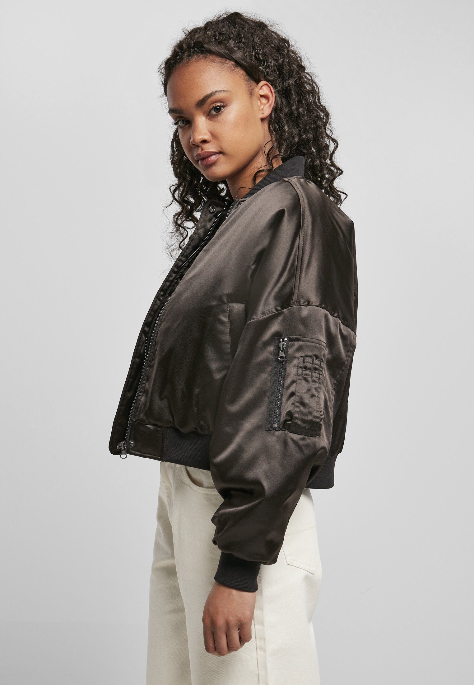 URBAN CLASSICS Oversized Bomber black Damen Short Ladies (1-St) Jacket Satin Bomberjacke