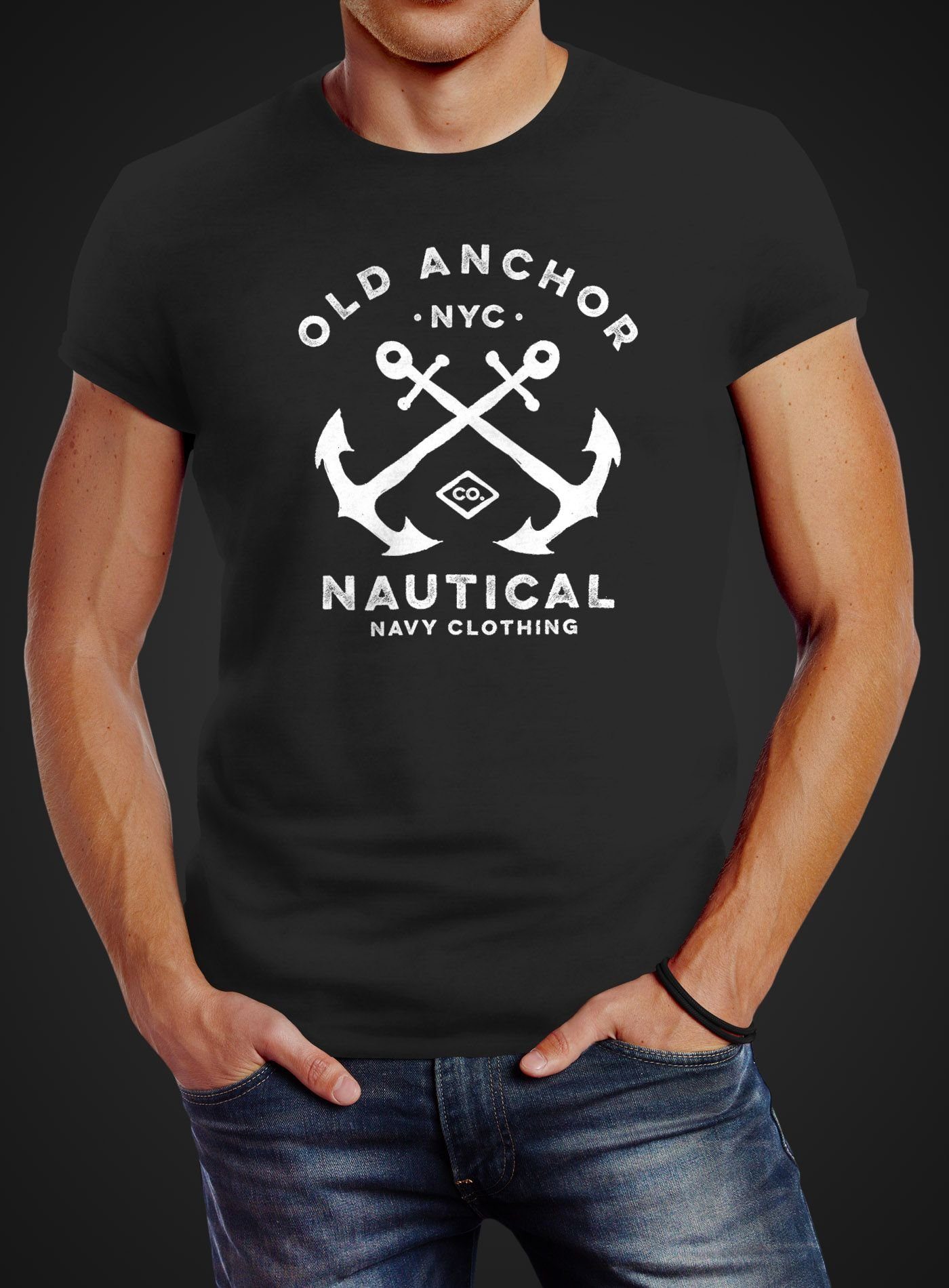 Neverless Print-Shirt mit Anchor Anker Neverless® Old Nautical gekreuzte Print T-Shirt schwarz Herren