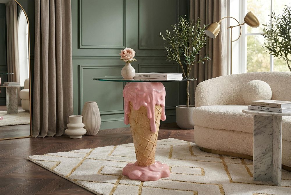 riess-ambiente Couchtisch ICE CREAM 50cm beige/rosa - Glas, Eiswaffel, handgemacht, rund, modern (Einzelartikel, 1-St), Pop-Art Beistelltisch - ideal als Ablage f. Bücher, Deko & Accessoires