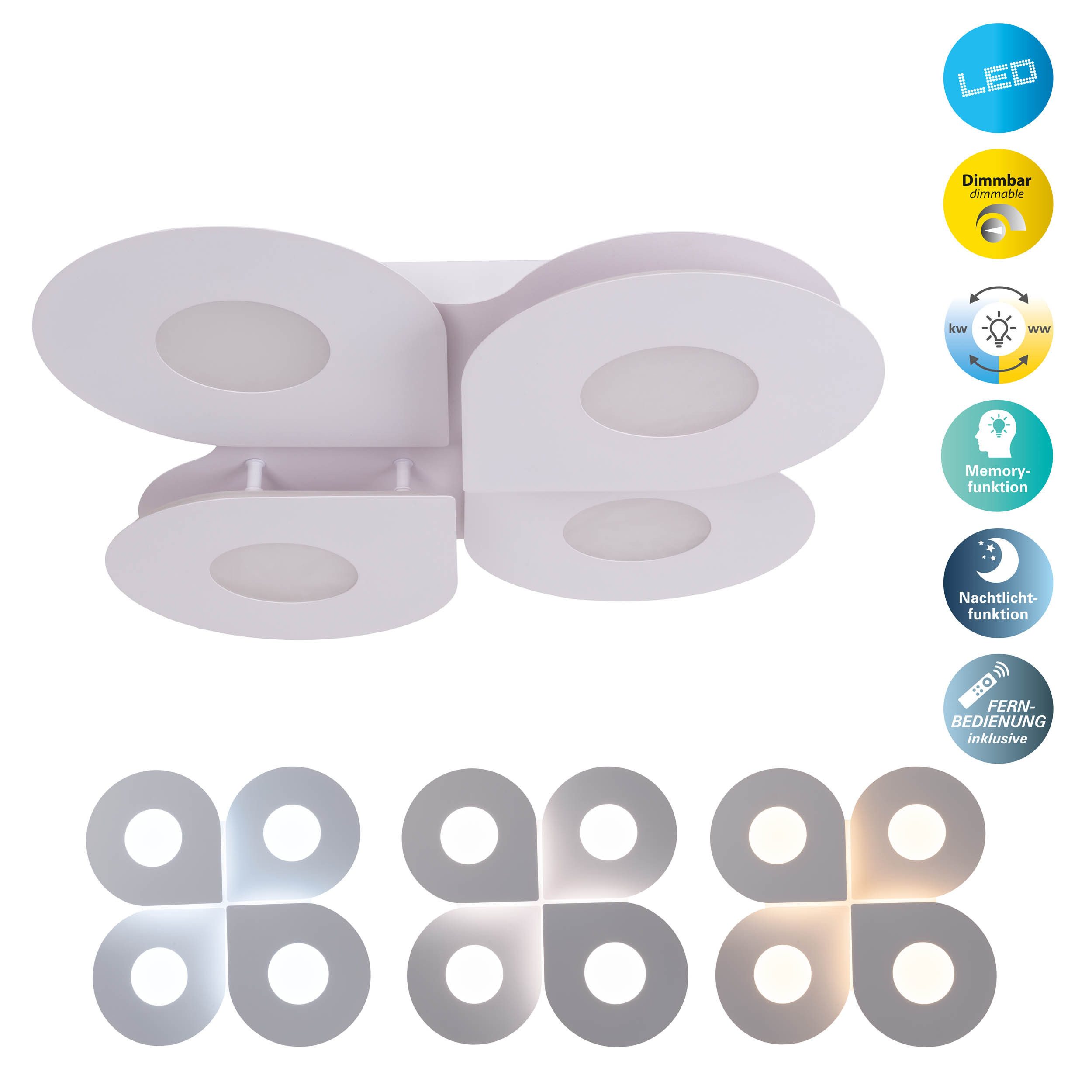 näve LED Deckenleuchte Smilla, CCT - über Fernbedienung, Dimmfunktion, Memoryfunktion, Nachtlichtfunktion, dimmbar über Fernbedienung, LED fest integriert, warmweiß - kaltweiß, weiß, Memory, Nachtlicht, CCT, dimmbar per Fernbedienung (inkl)