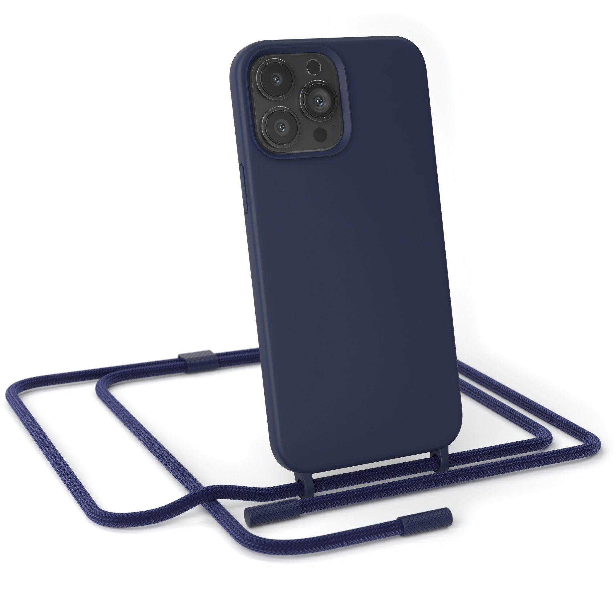 EAZY CASE Handykette Runde Kette für Apple iPhone 13 Pro Max 6,7 Zoll, Handytasche durchsichtige Silikon Hülle mit breitem Umhängeband Blau