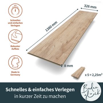 Bodenglück Laminat "Haina" Eiche Holz mit 5-G-Klicksystem, Braun I Pflegeleicht, Wasserfest I 5 Dielen á 1380 x 326 x 8 mm
