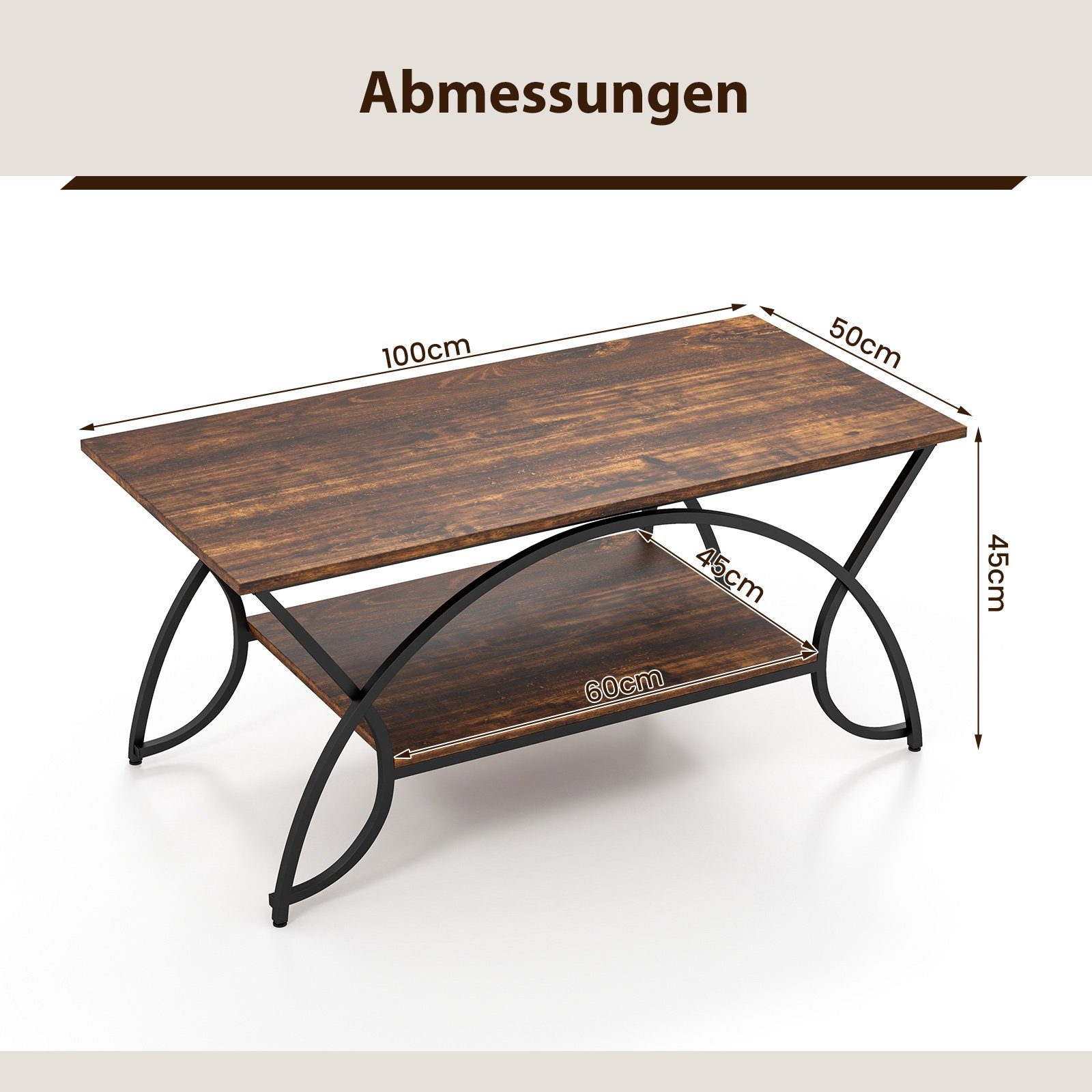 mit Ablage goldenem Metallbeinen, Couchtisch & Vintagebraun 100x50x45cm COSTWAY Marmor,